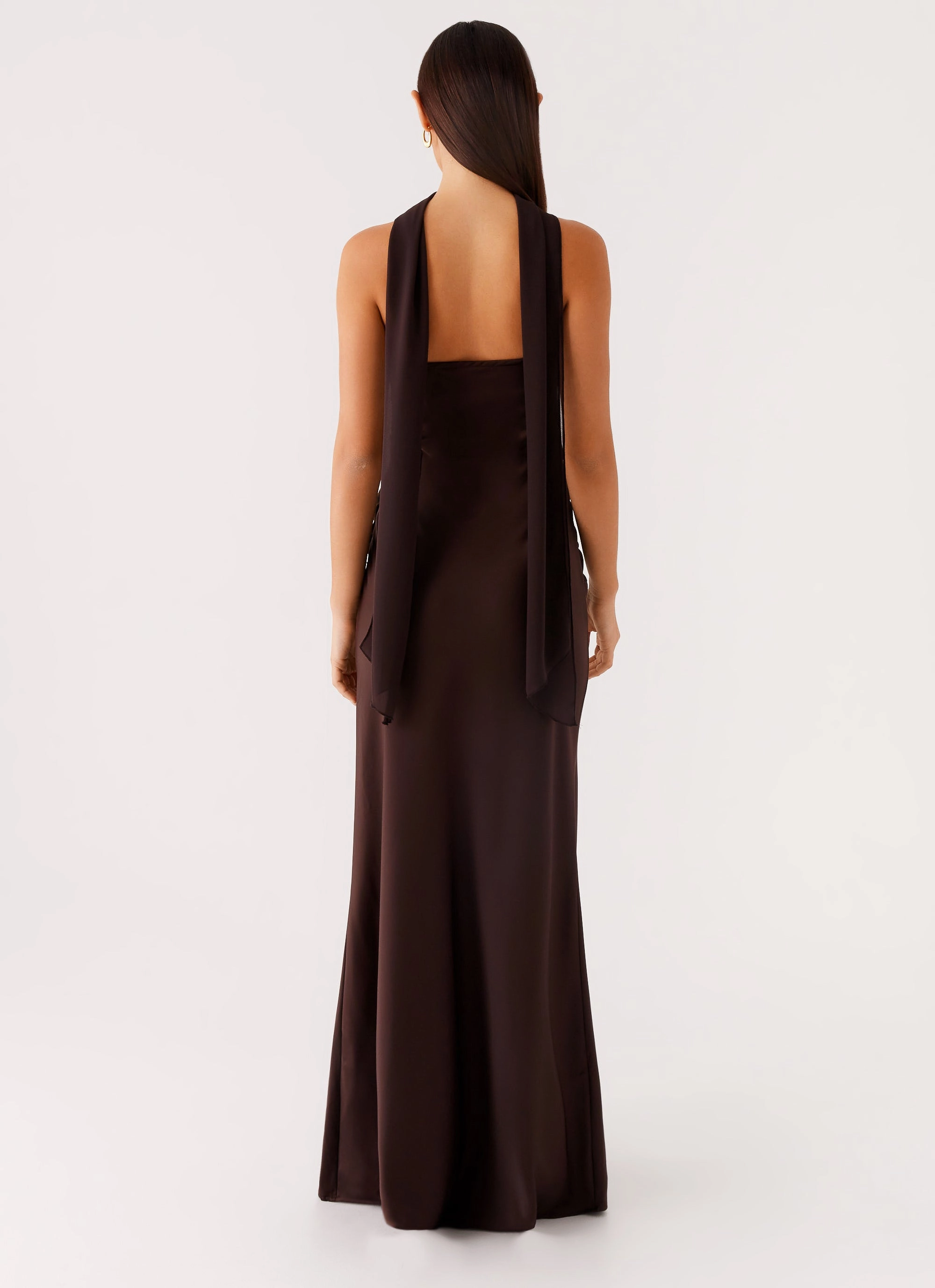 Metallic-Shine Satin Layers Alaine Scarf Maxi Dress - Dark Chocolate