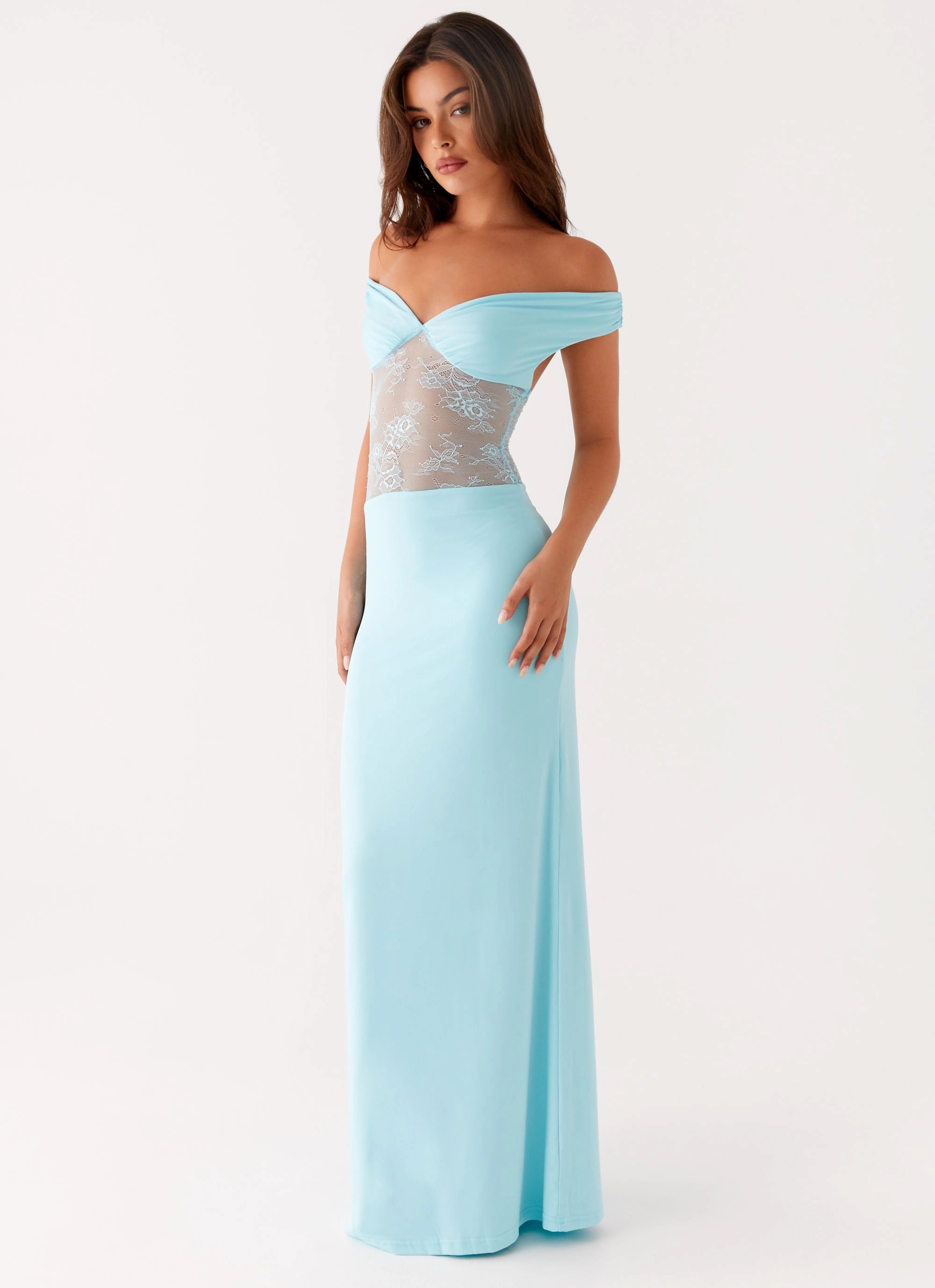 ContrastStitching Infatuation Lace Maxi Dress - Turquoise