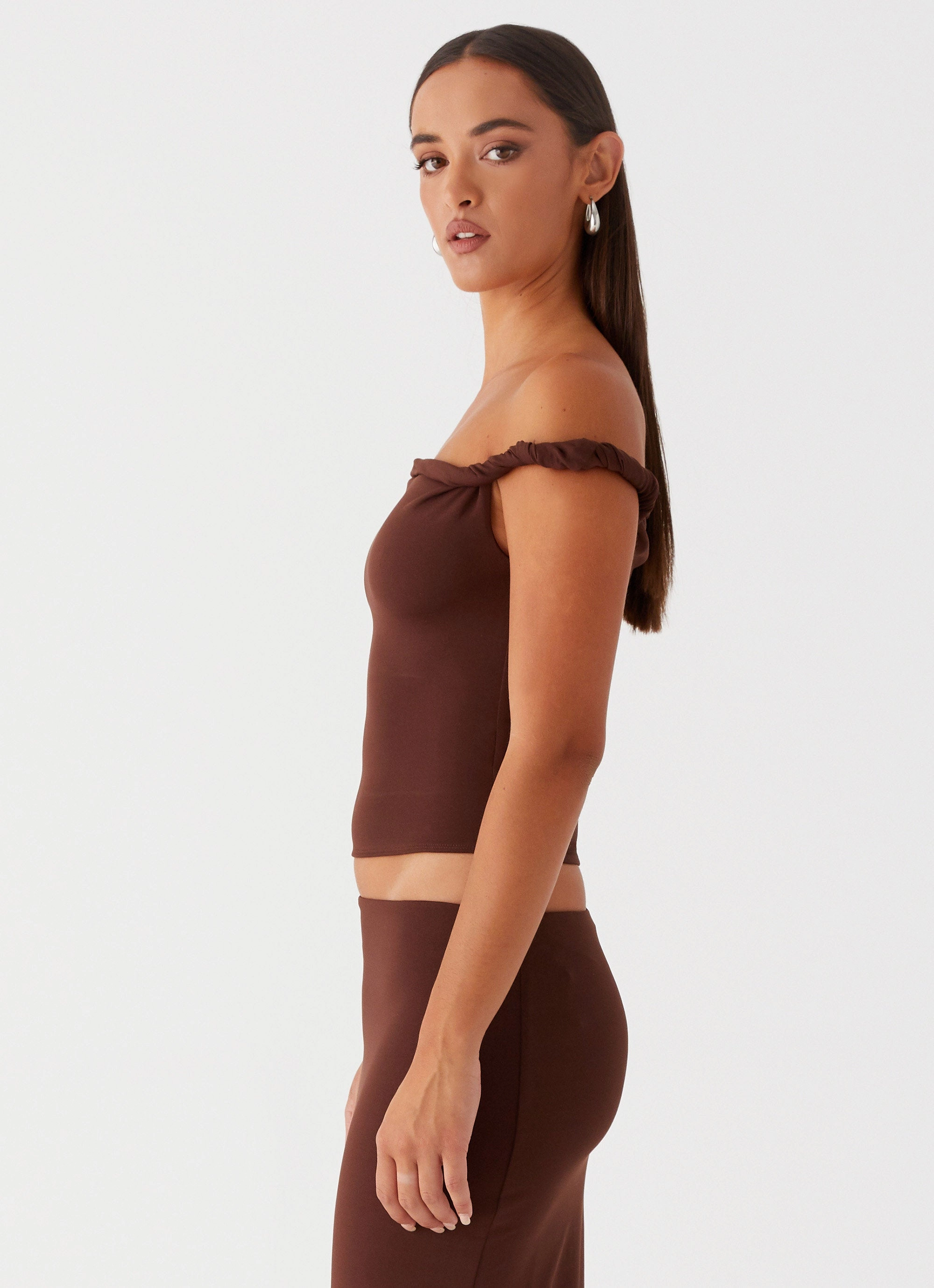 Solace Soul Twist Shoulder Top - Chocolate FasteningHood