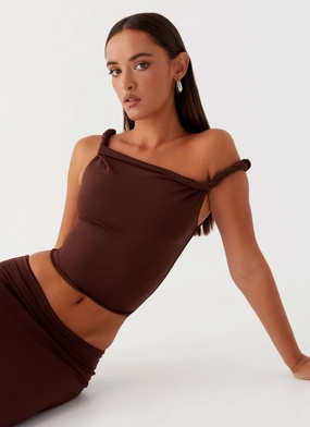 Chic Sweater Airflow Mesh Panel Solace Soul Twist Shoulder Top - Chocolate