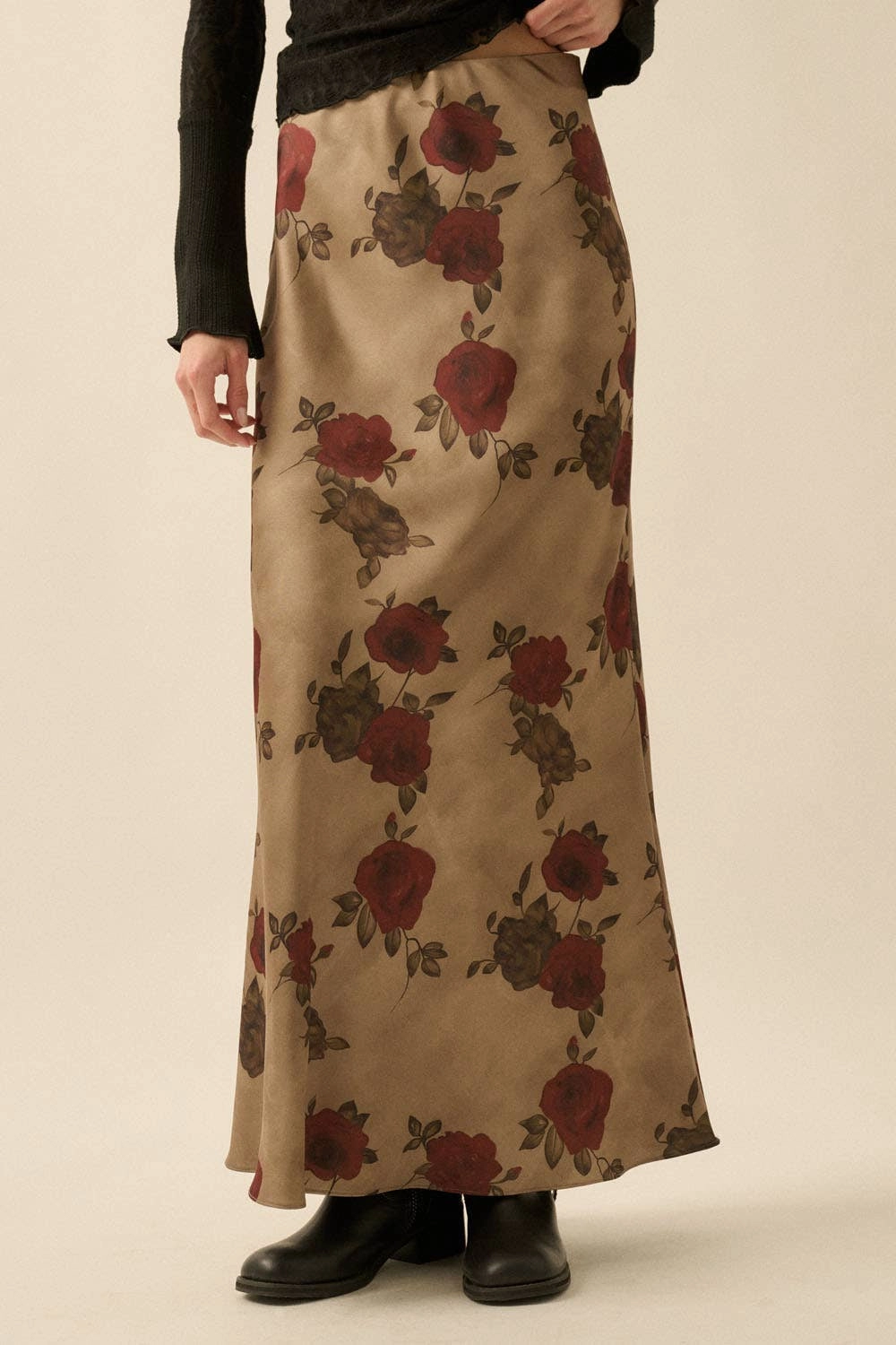 Red Rose Floral Print Maxi Skirt FasteningHood TonalStitching