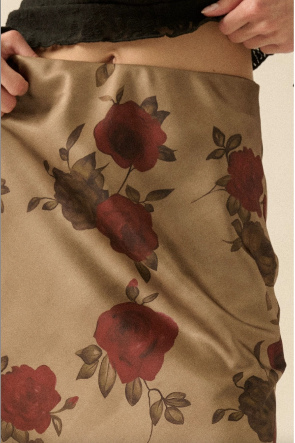 Red Rose Floral Print Maxi Skirt AbrasionResistant Fabric