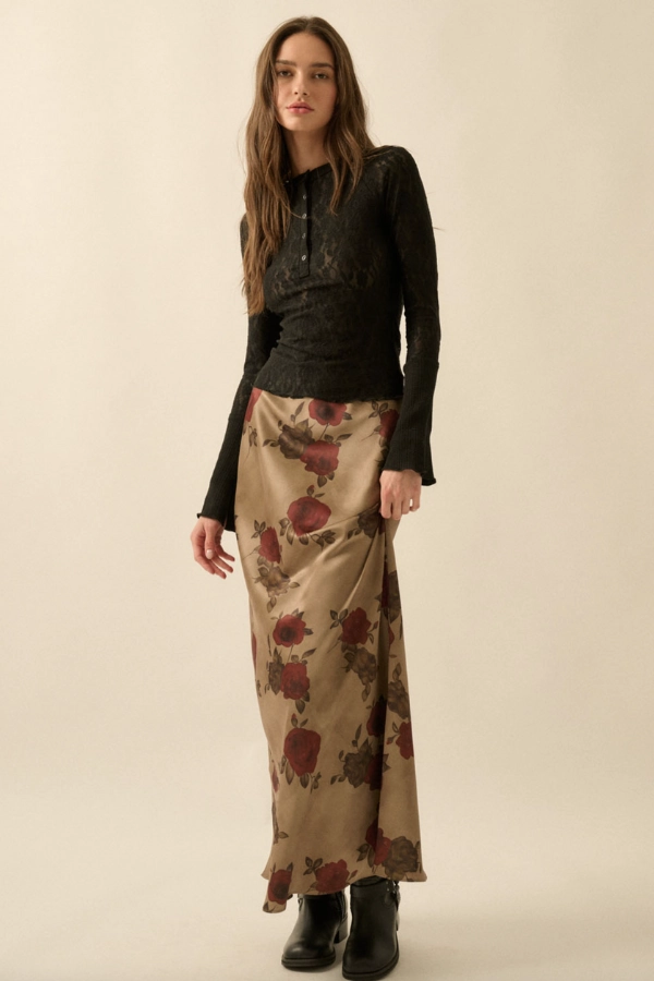 ZipperedPockets Architectural Tailoring Red Rose Floral Print Maxi Skirt