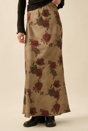 Red Rose Floral Print Maxi Skirt FasteningHood TonalStitching