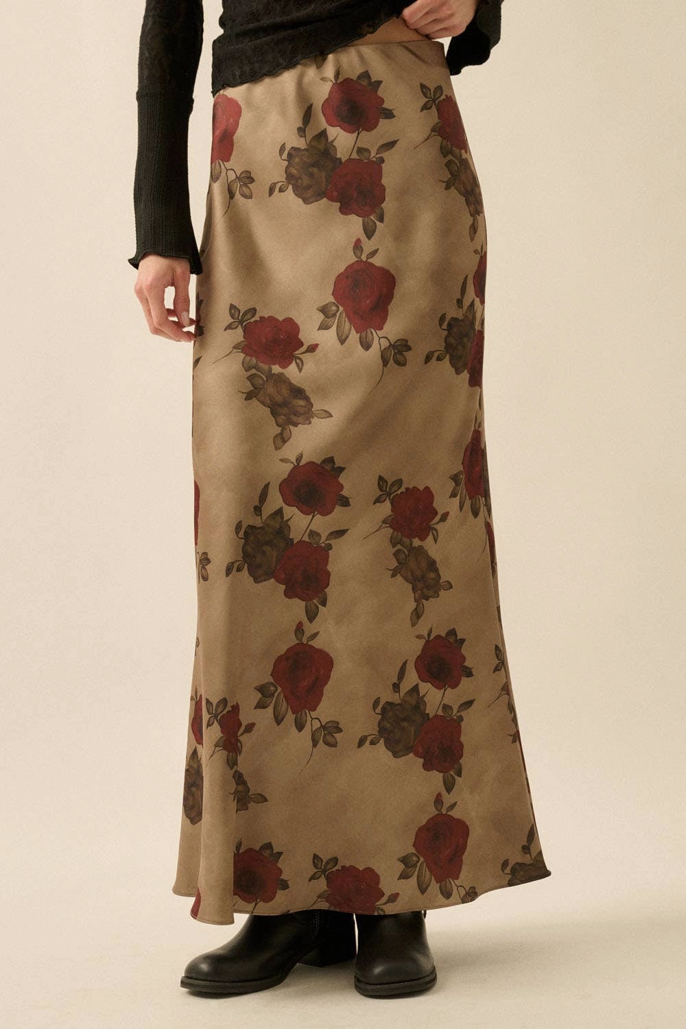 Ultra Soft Texture Red Rose Floral Print Maxi Skirt