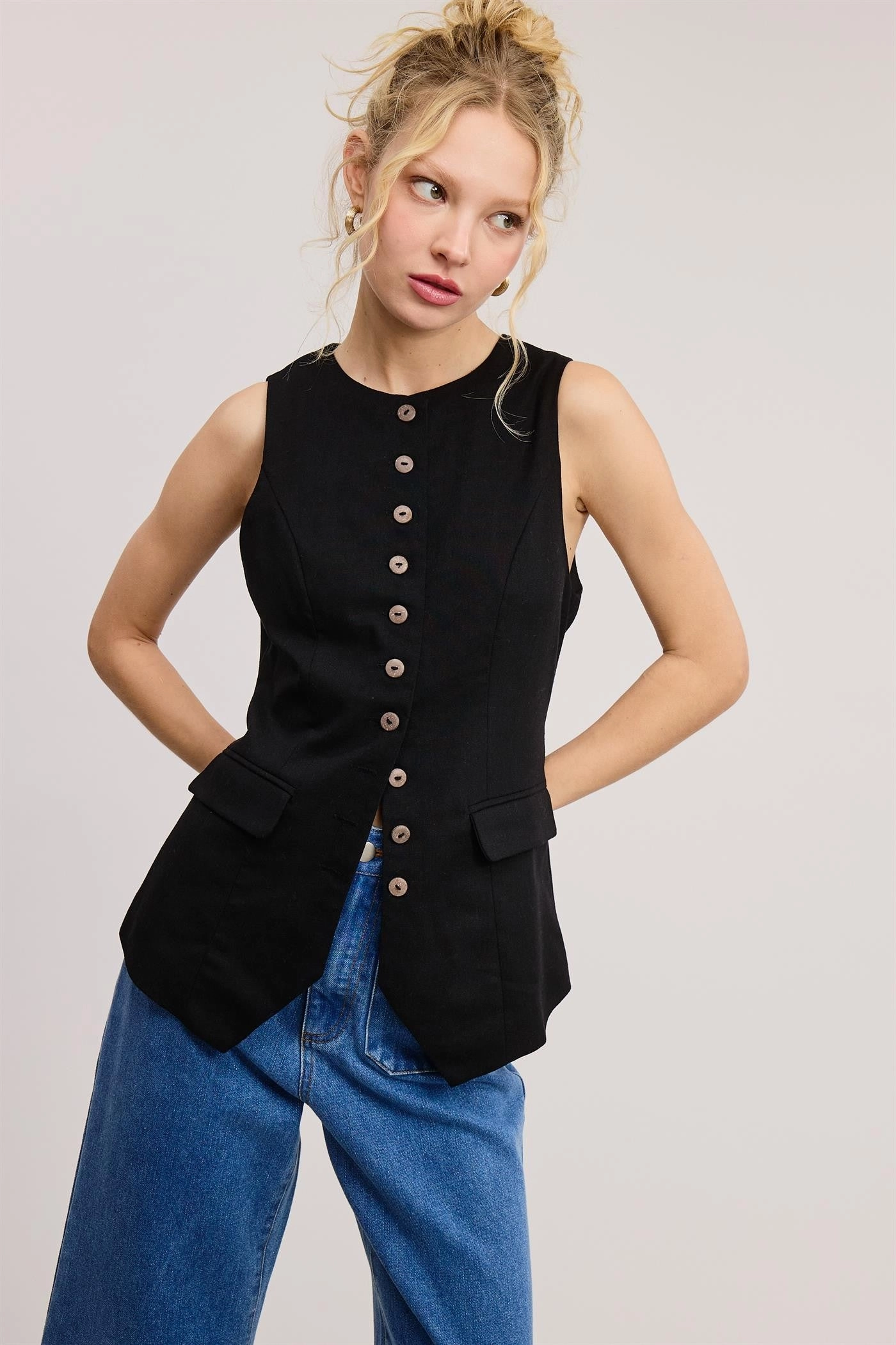 Tailored Long Line Vest - Black Flatlock Seam Design Hypoallergenic Inner Layer