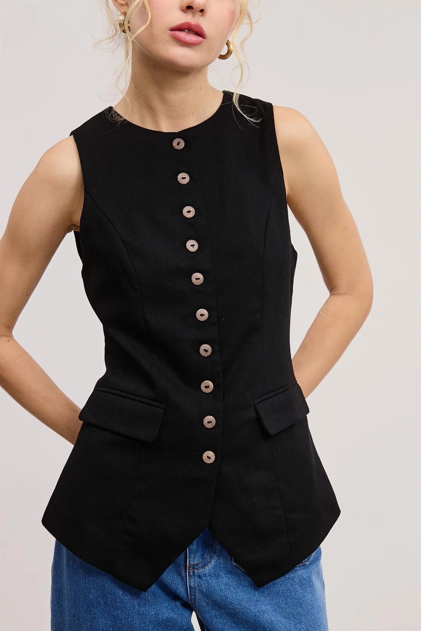 Tailored Long Line Vest - Black Adjustable Hem Toggles