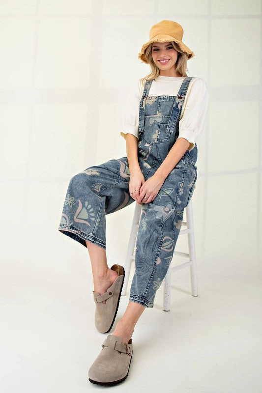 Erika Floral Print Washed Denim Jumpsuit Pants Powerful