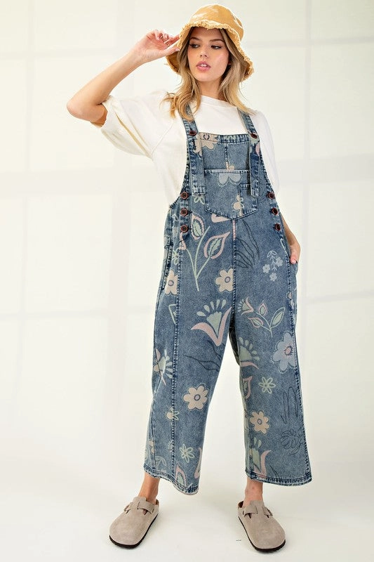rear line Erika Floral Print Washed Denim Jumpsuit Pants