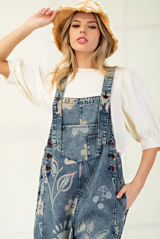 Erika Floral Print Washed Denim Jumpsuit Pants High Collar Design small - scale