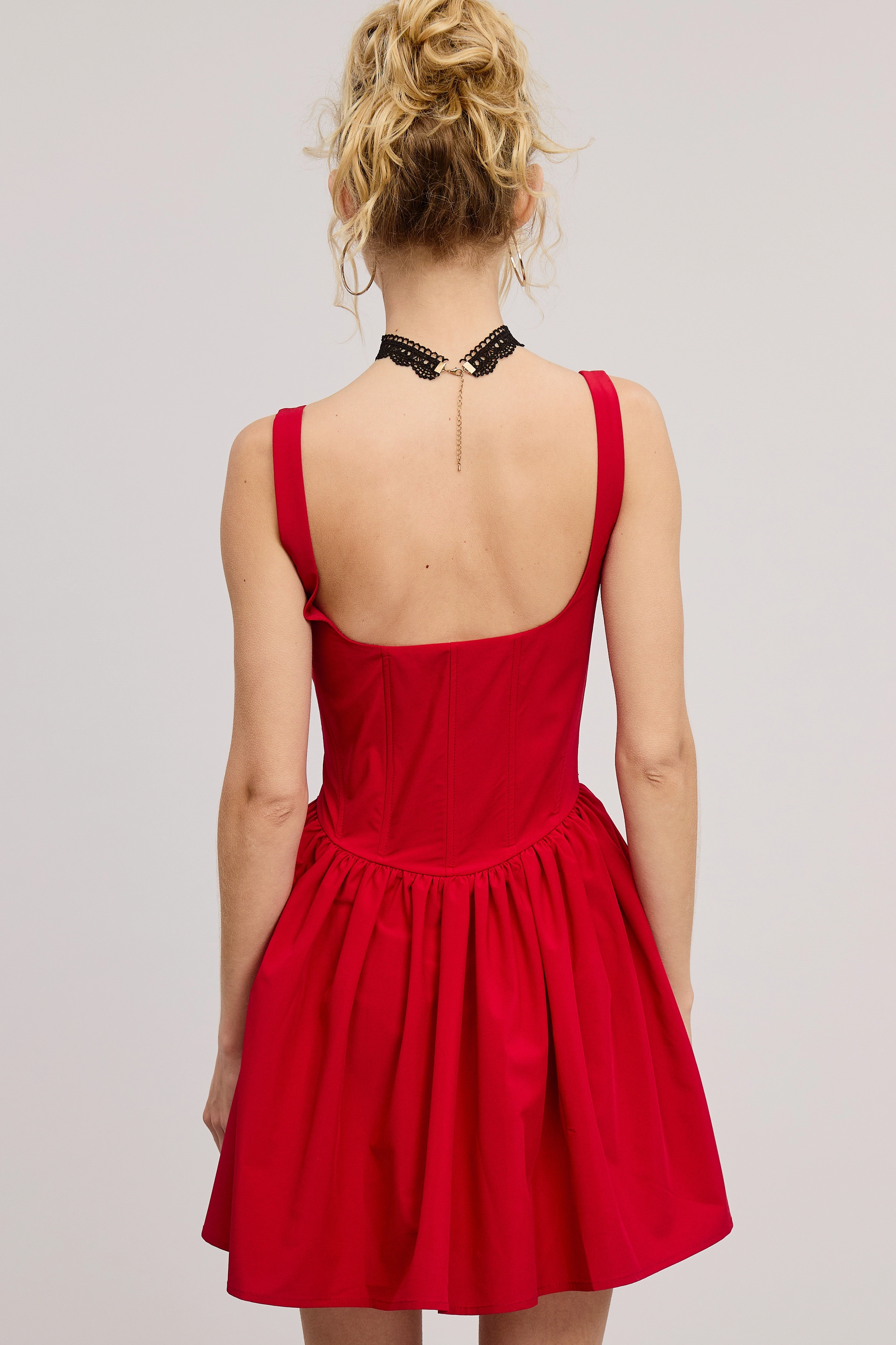 Mesh Lining HighNeck Kasey Corset Mini Dress - Red