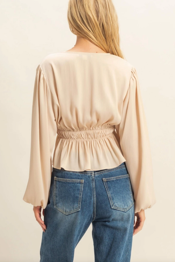 BondedSeams HiddenStoragePocket Deep V Peasant Blouse - Champagne