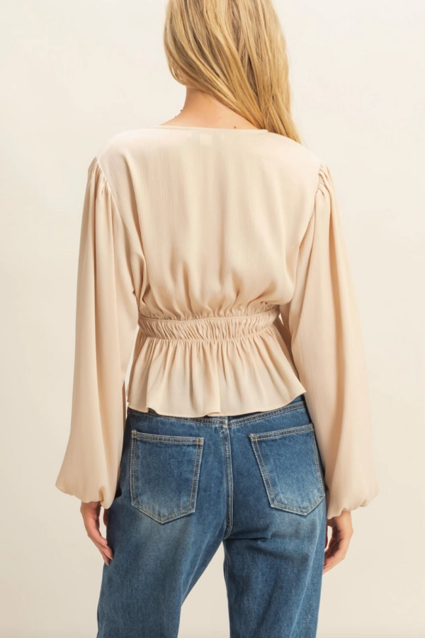 Built In Filter Layer LowMaintenance Fabric Deep V Peasant Blouse - Champagne
