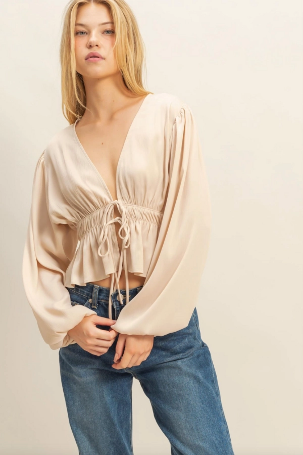 Low Profile Zipper Deep V Peasant Blouse - Champagne