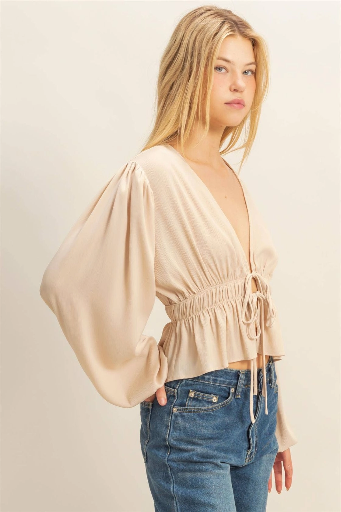 Basic Tee MinimalistCut Deep V Peasant Blouse - Champagne