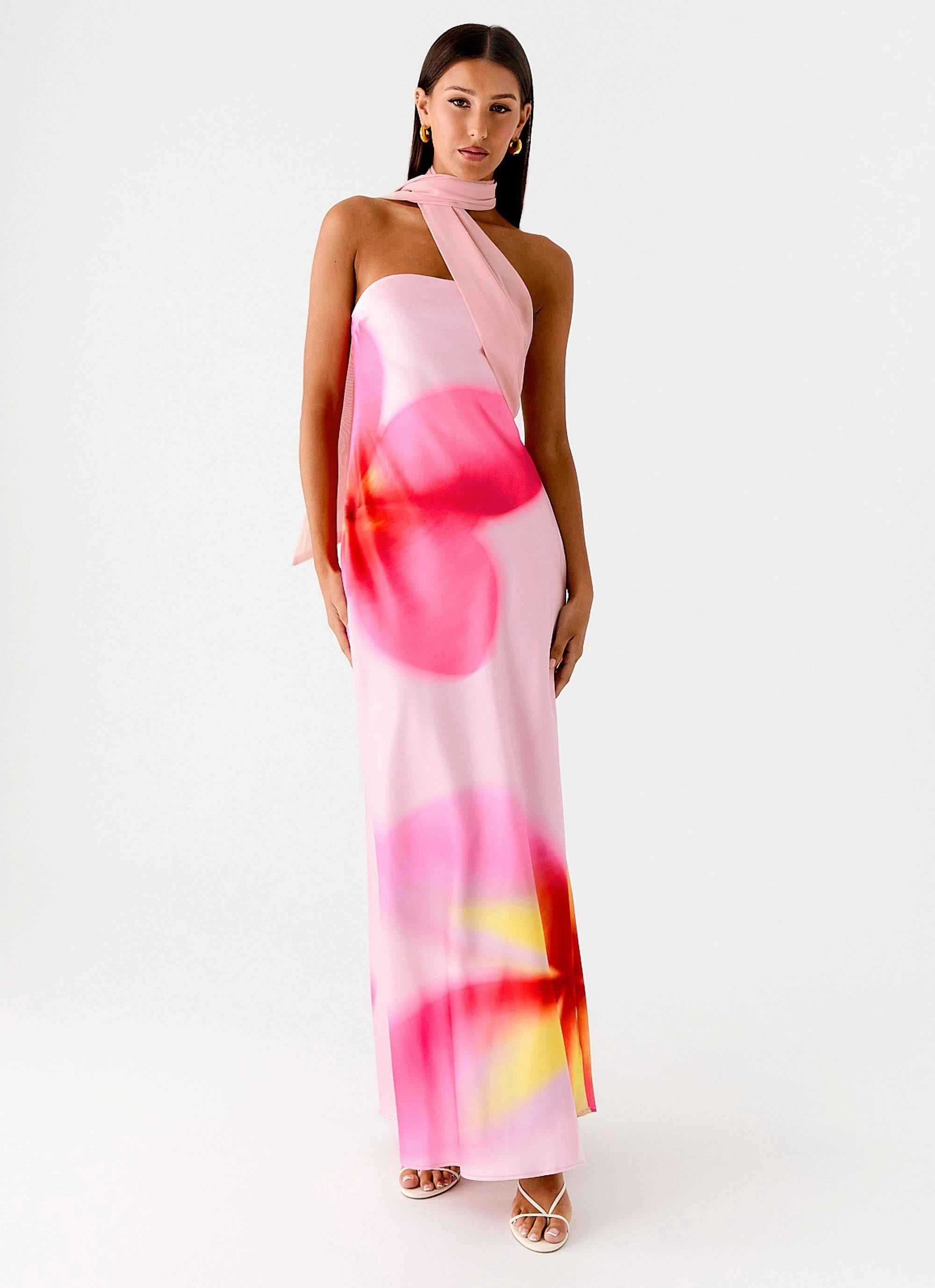All-season Linen Soft Isa Scarf Satin Maxi Dress - Frangipani Pink
