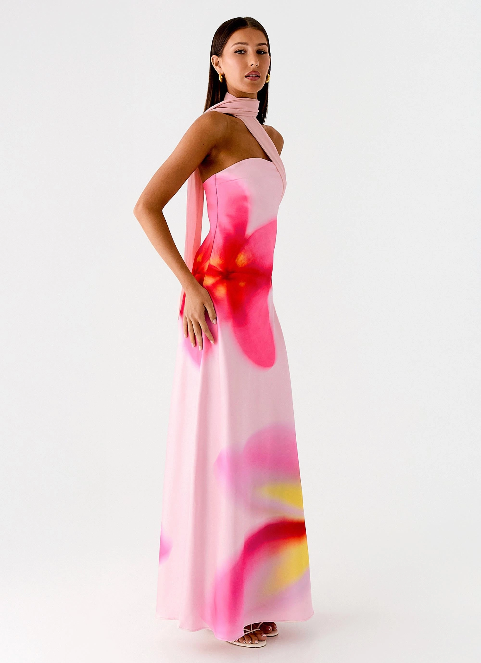 Isa Scarf Satin Maxi Dress - Frangipani Pink Unique Cut Perfect Proportion