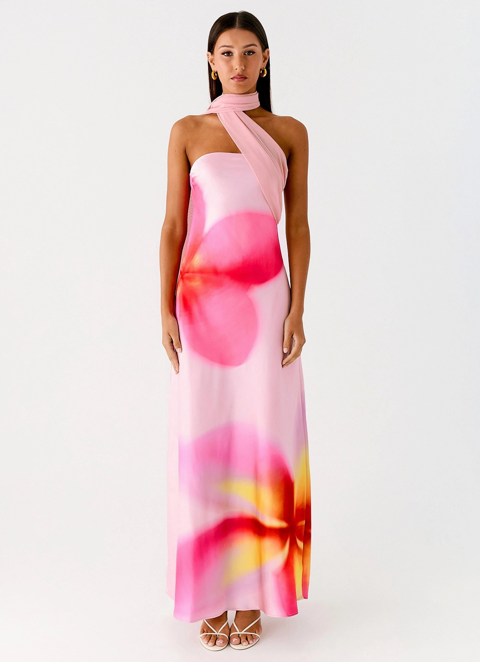 Casual Mode Isa Scarf Satin Maxi Dress - Frangipani Pink