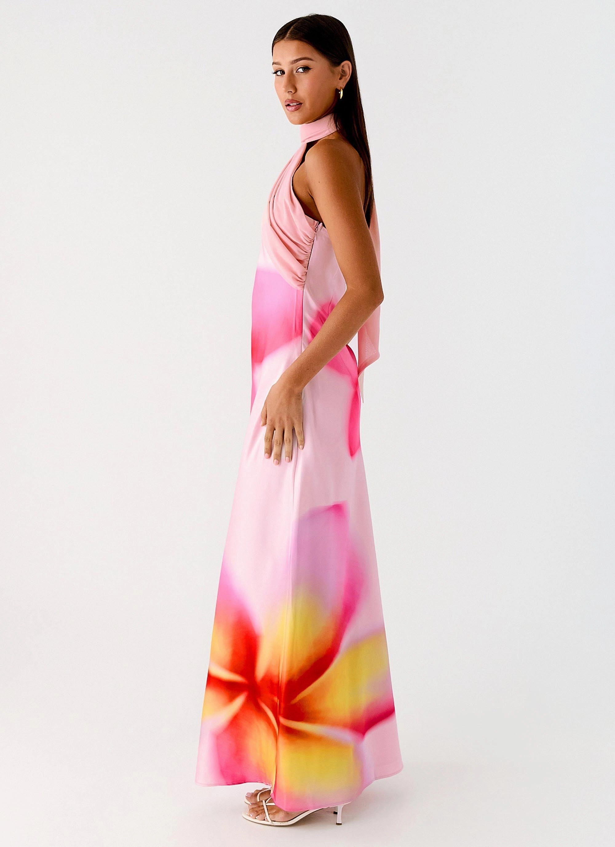 Trendy summer outfit Embroidered-Detail Isa Scarf Satin Maxi Dress - Frangipani Pink