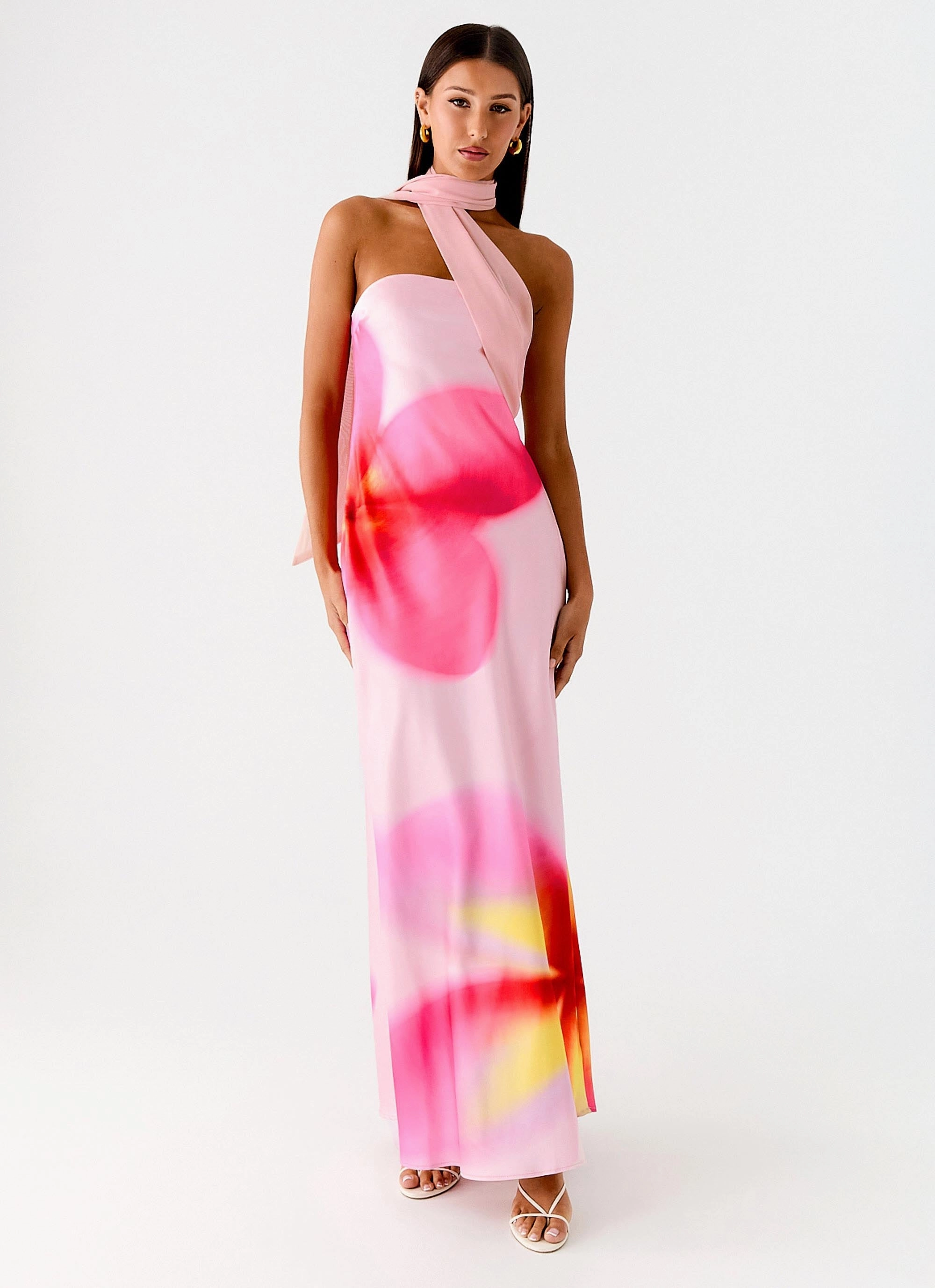 Isa Scarf Satin Maxi Dress - Frangipani Pink Pose Glow Relaxed day dress