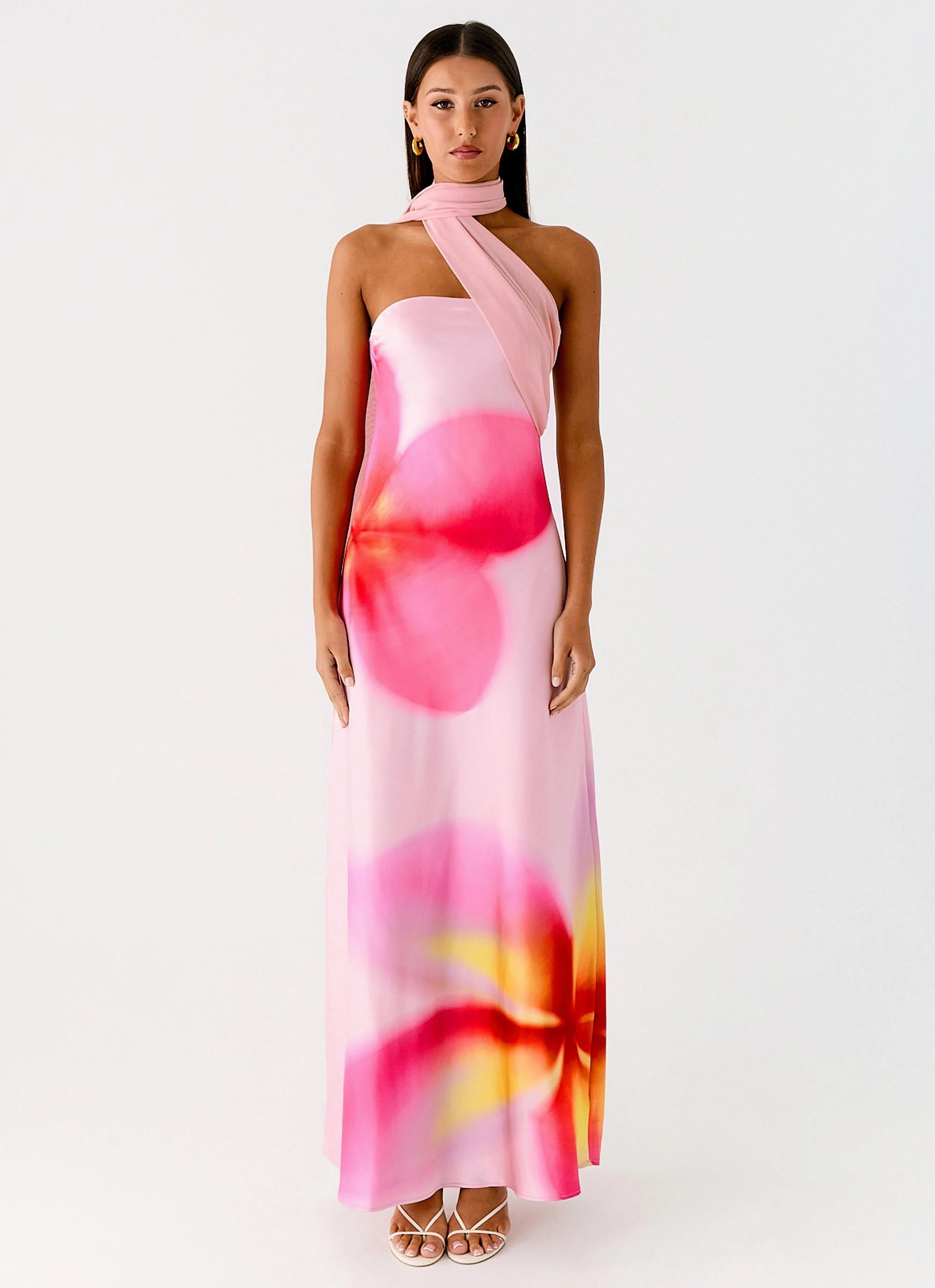Isa Scarf Satin Maxi Dress - Frangipani Pink Evening Classic
