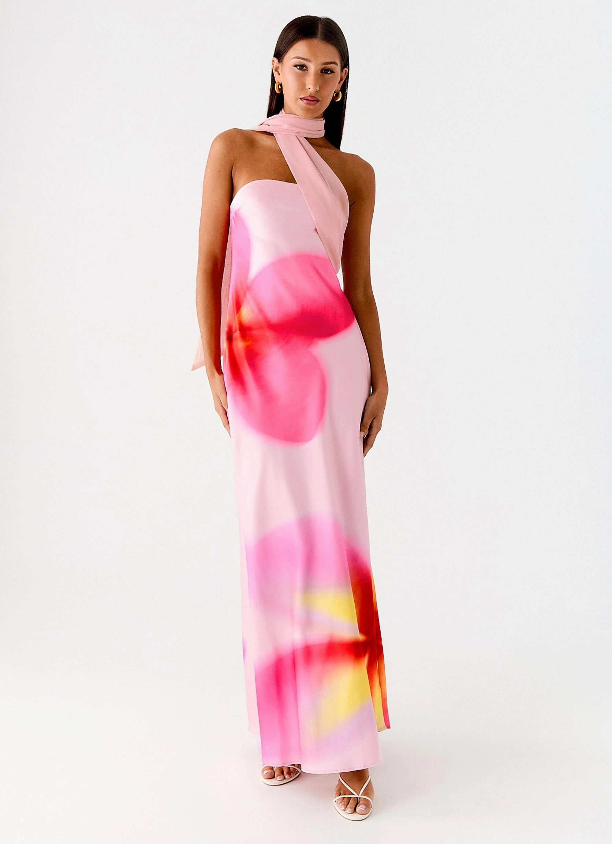 Isa Scarf Satin Maxi Dress - Frangipani Pink Striped-Pattern