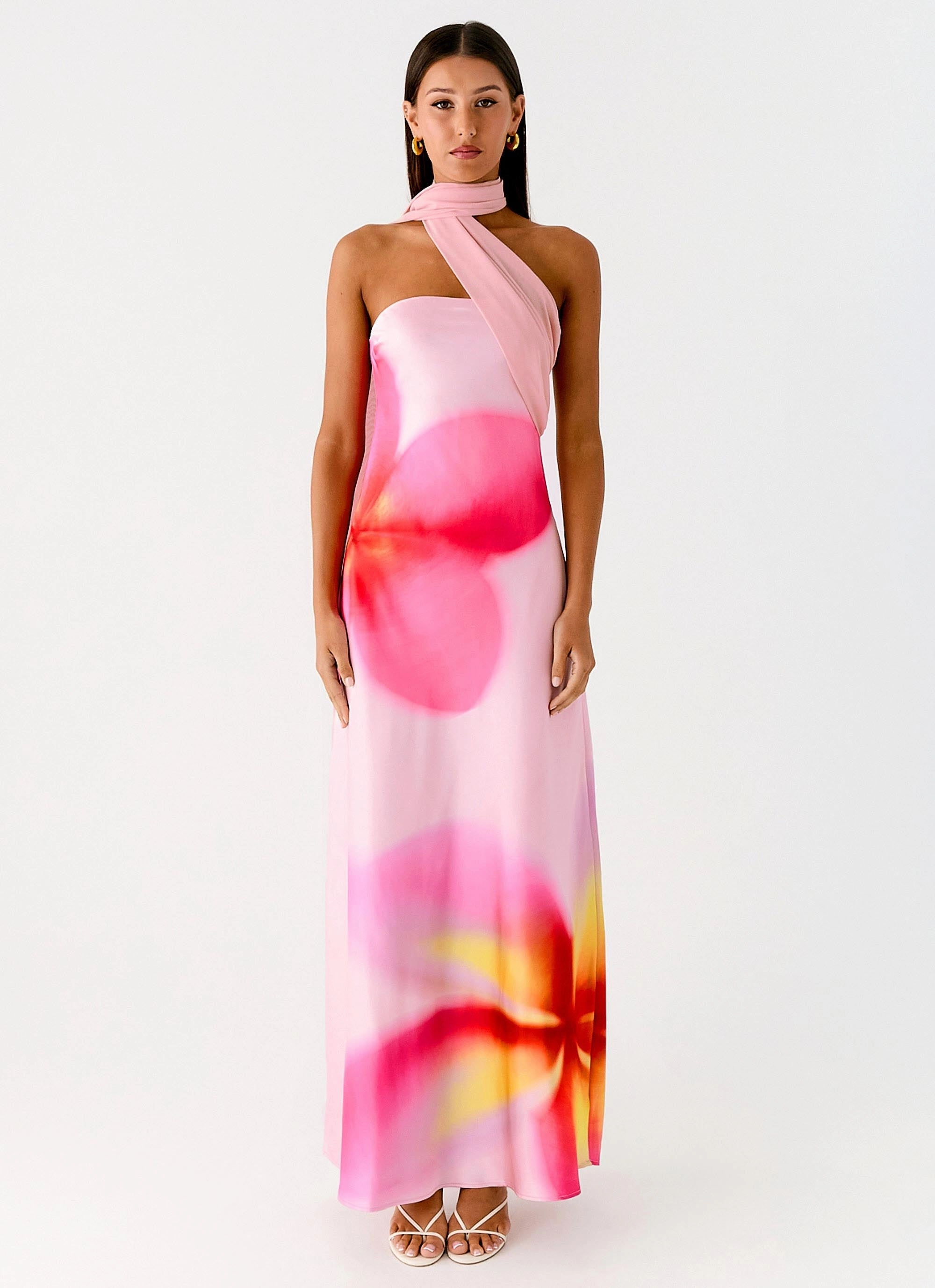 Isa Scarf Satin Maxi Dress - Frangipani Pink Curvy Glam Comfortable Wear