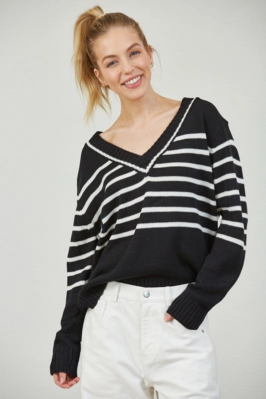 ISLA STRIPE V NECK SWEATER Timeless and Chic