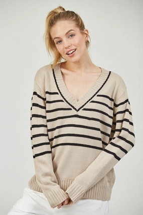 ISLA STRIPE V NECK SWEATER Lightweight Weave