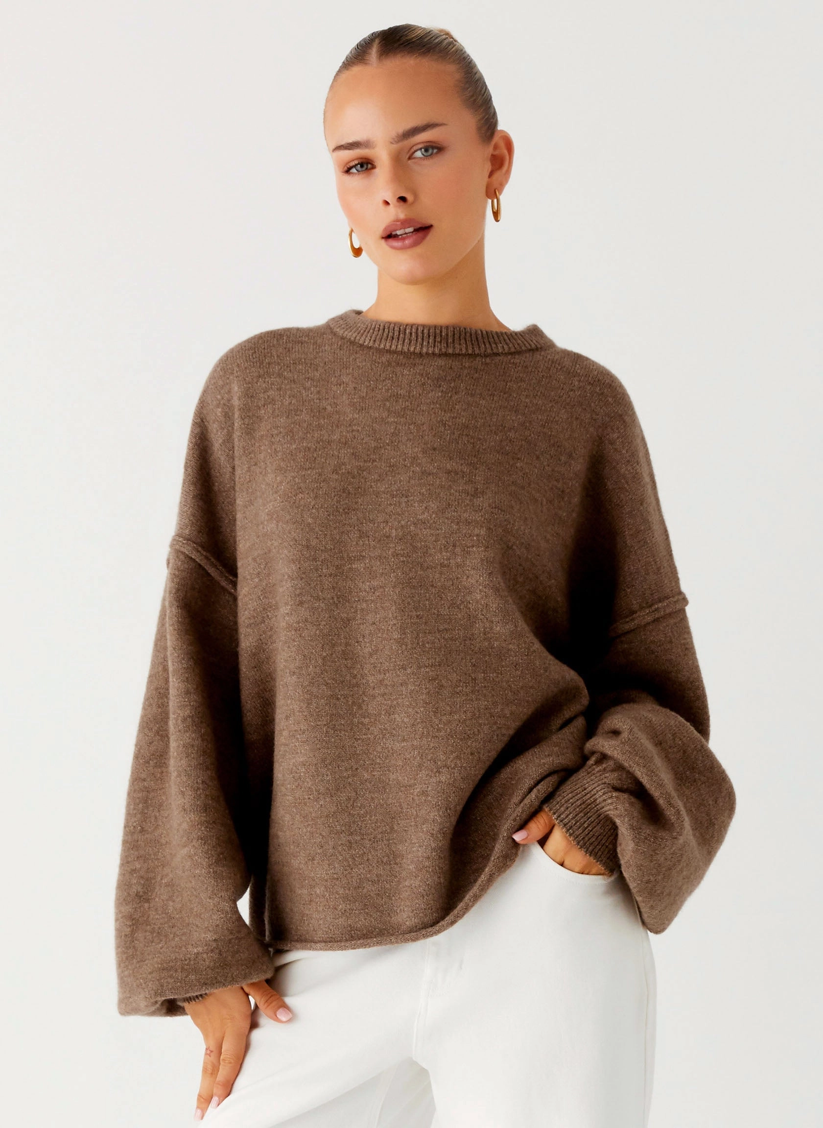 Breathable Linen Blend Tapered Cut Jack Oversized Knit Sweater - Tan Marle