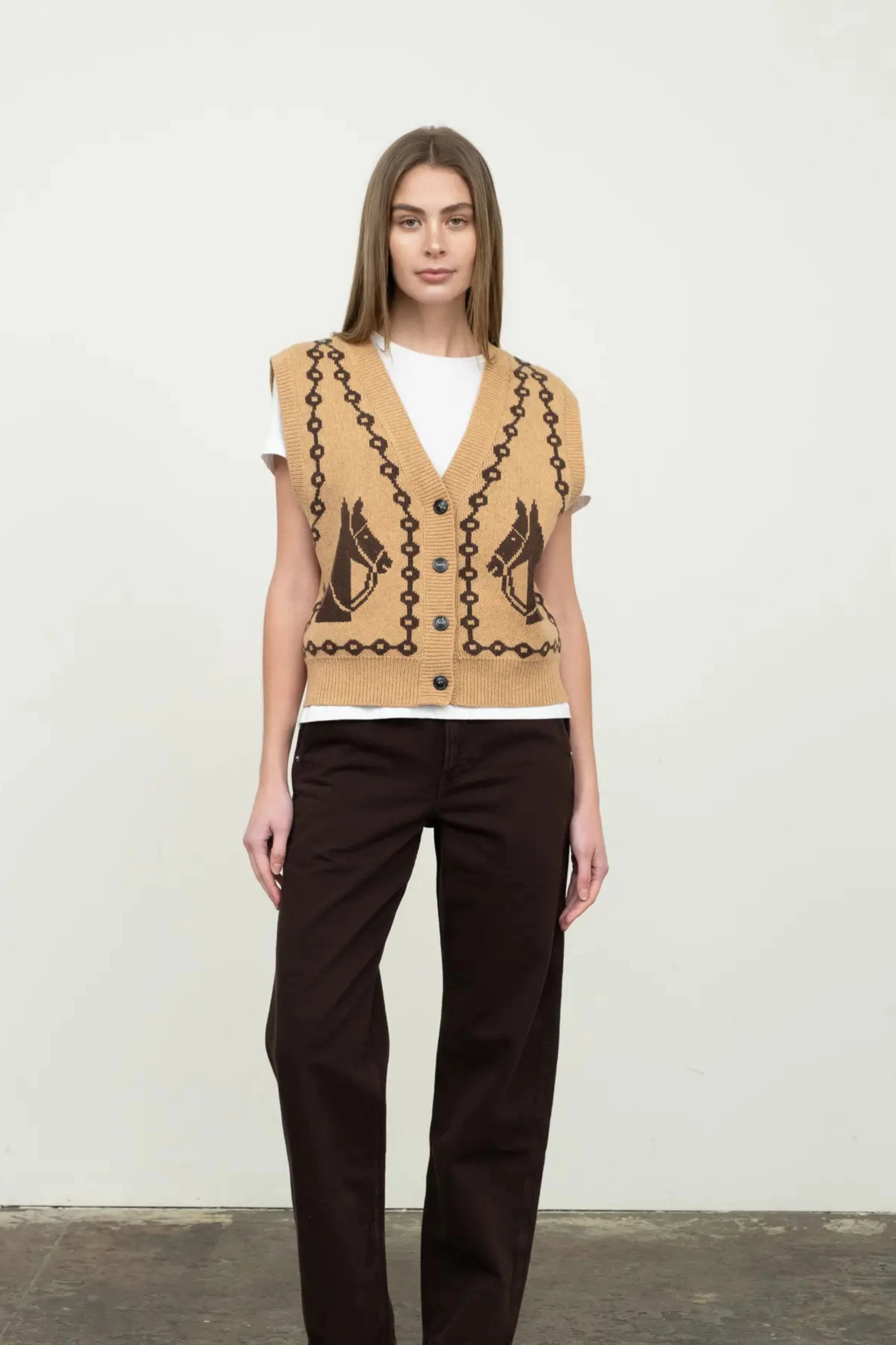 Jacquard Horse Knit Vest AdjustableNeckline LayeredStyling
