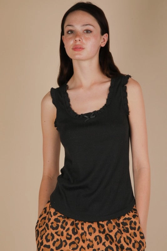 Offense - capable Jade Bow Trim Ruffled Knit Tank Top