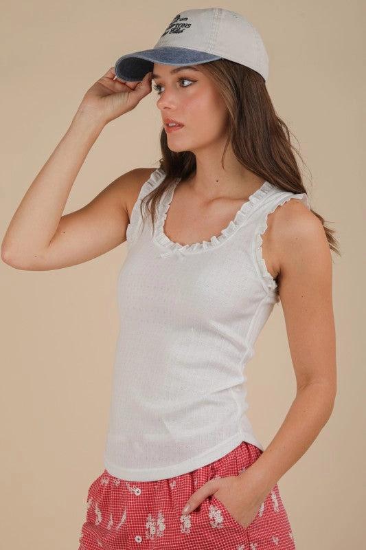 easy move Jade Bow Trim Ruffled Knit Tank Top