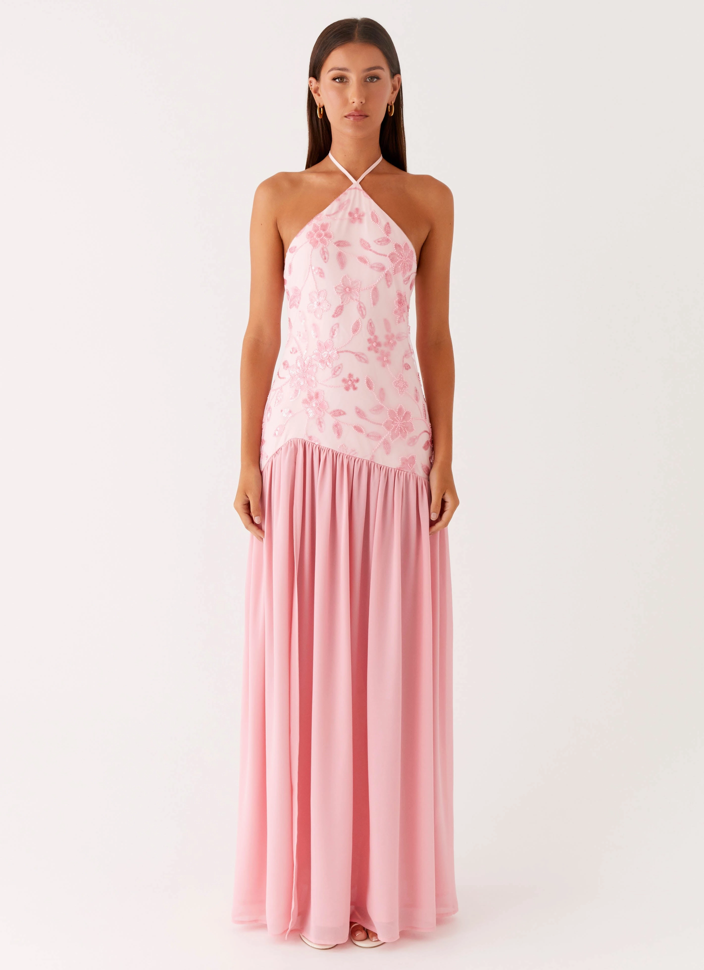 Janelle Beaded Maxi Dress - Pink Vibrant color dress Textured Flow
