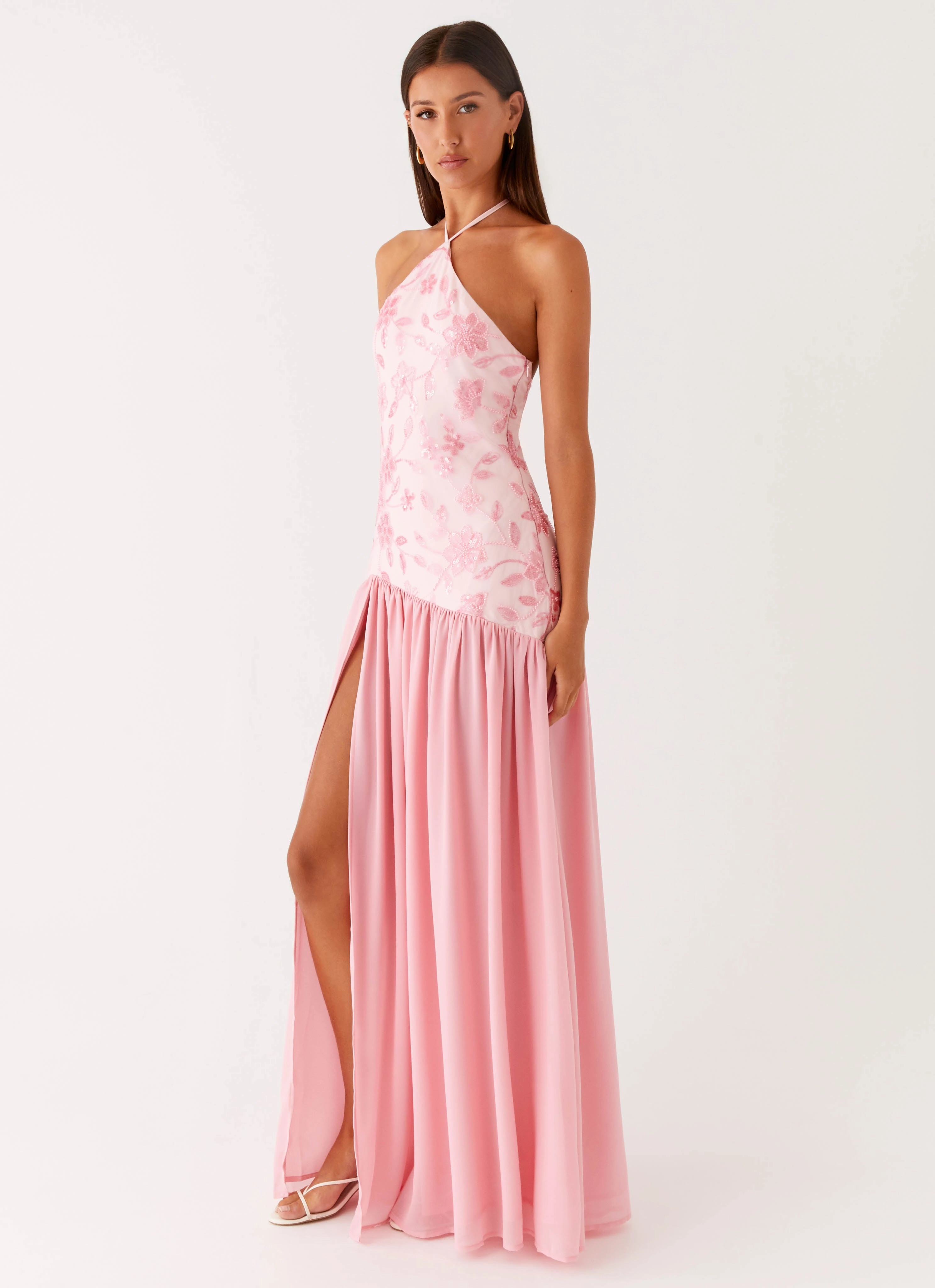Sheer Look Flattering Cut Janelle Beaded Maxi Dress - Pink