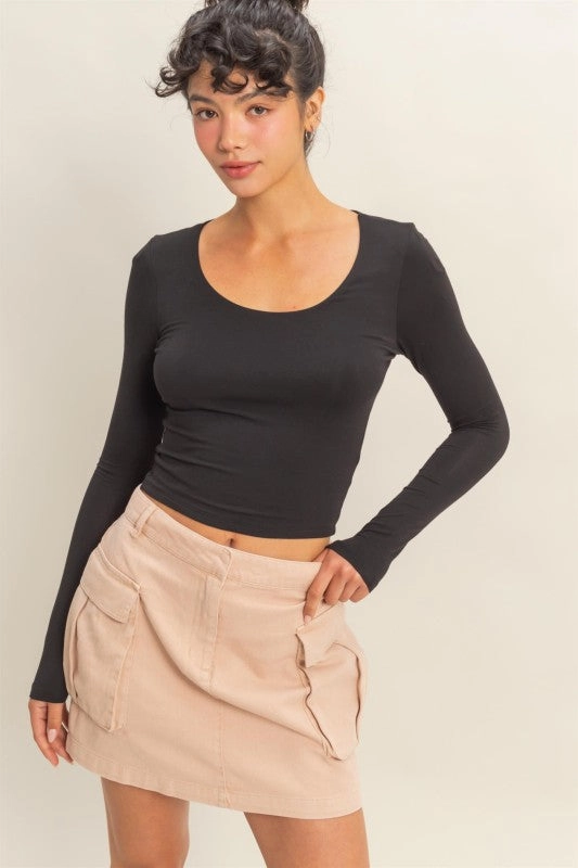 Jenna Scoop Neck Long Sleeve Crop Top Soft Brushed Interior international cooperation