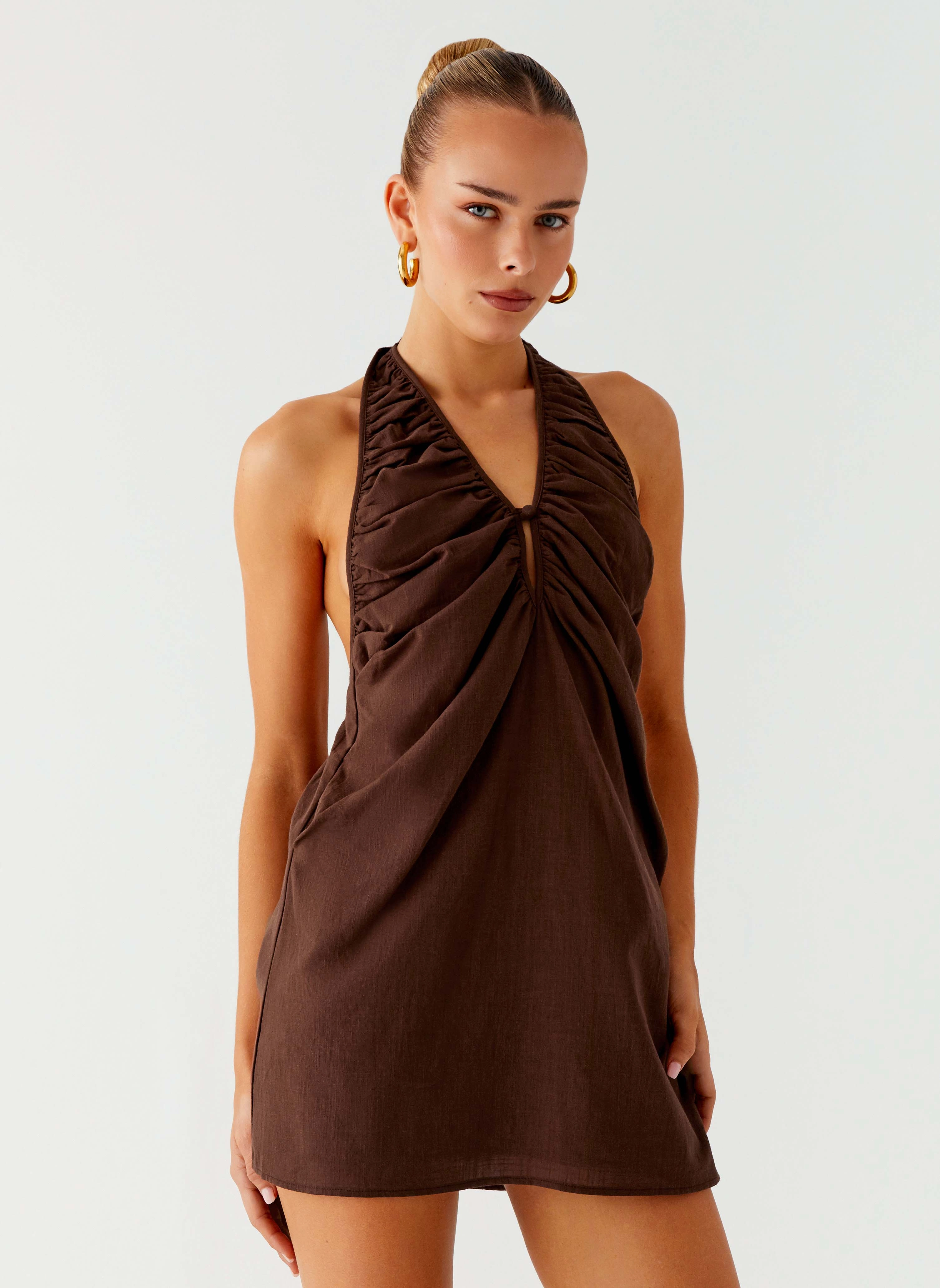 Tonal-Stitching Abstract Pattern Jepsen Halter Mini Dress - Chocolate