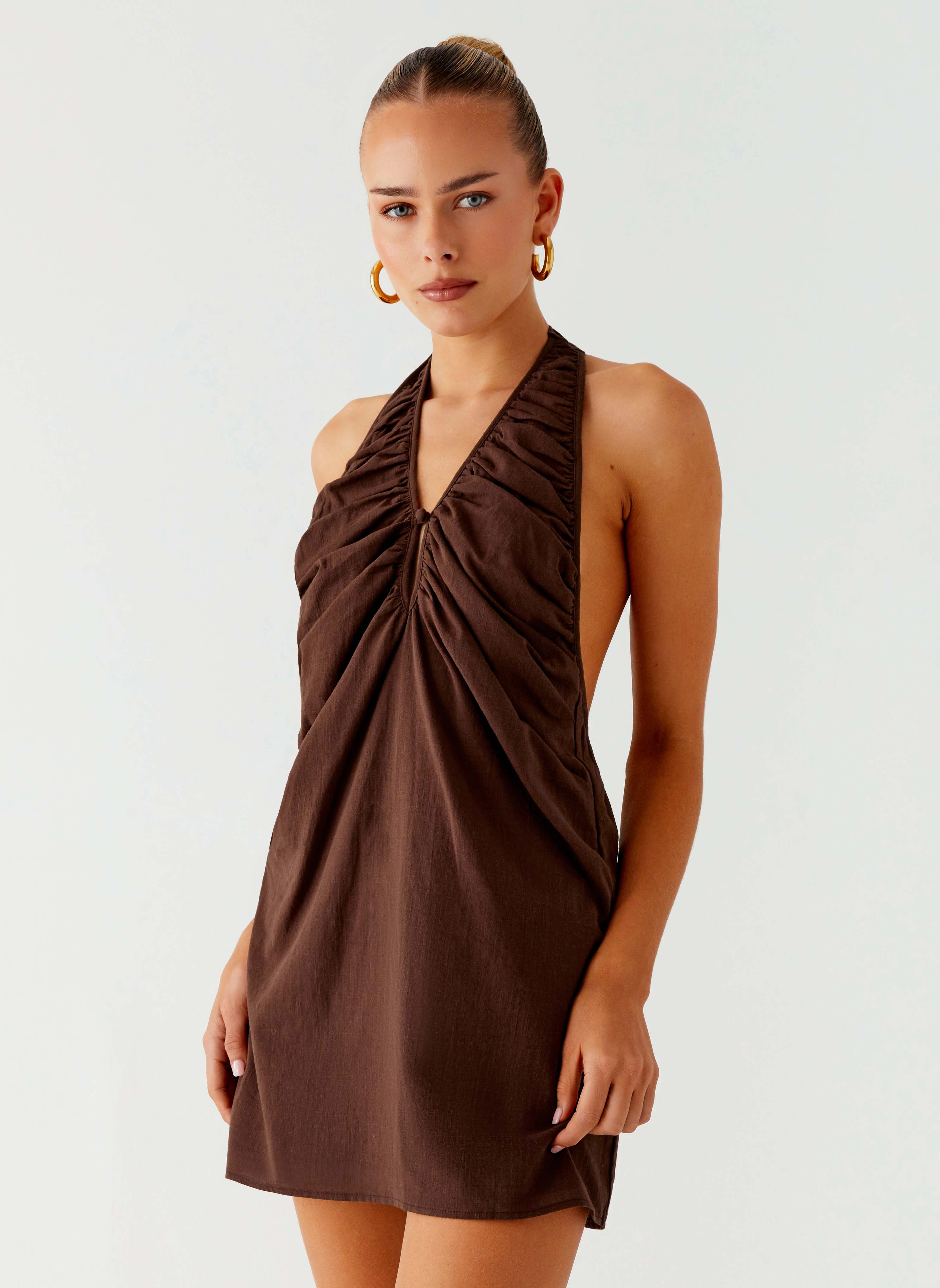 Jepsen Halter Mini Dress - Chocolate Layering-Piece Sharp Detail