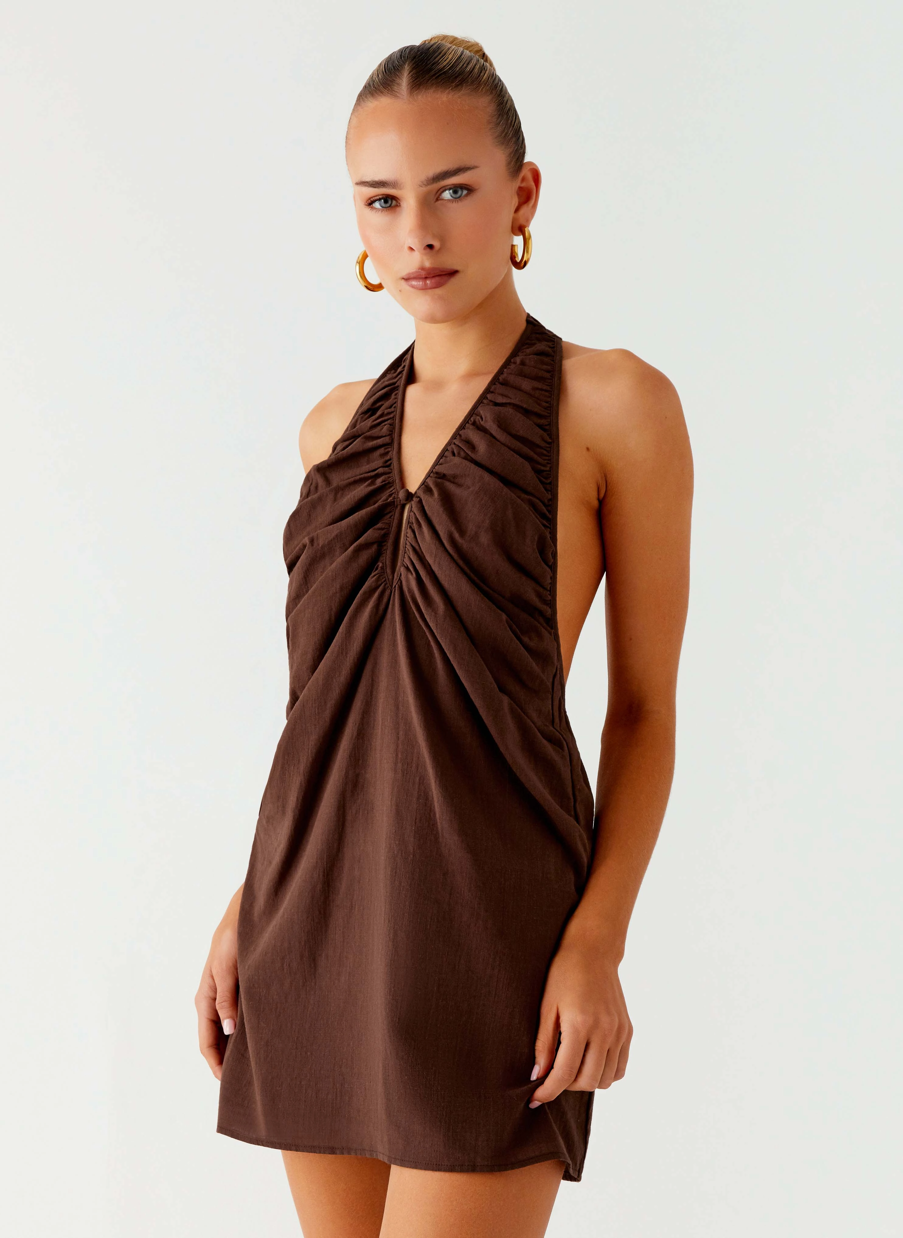 Elegant Everyday Jepsen Halter Mini Dress - Chocolate