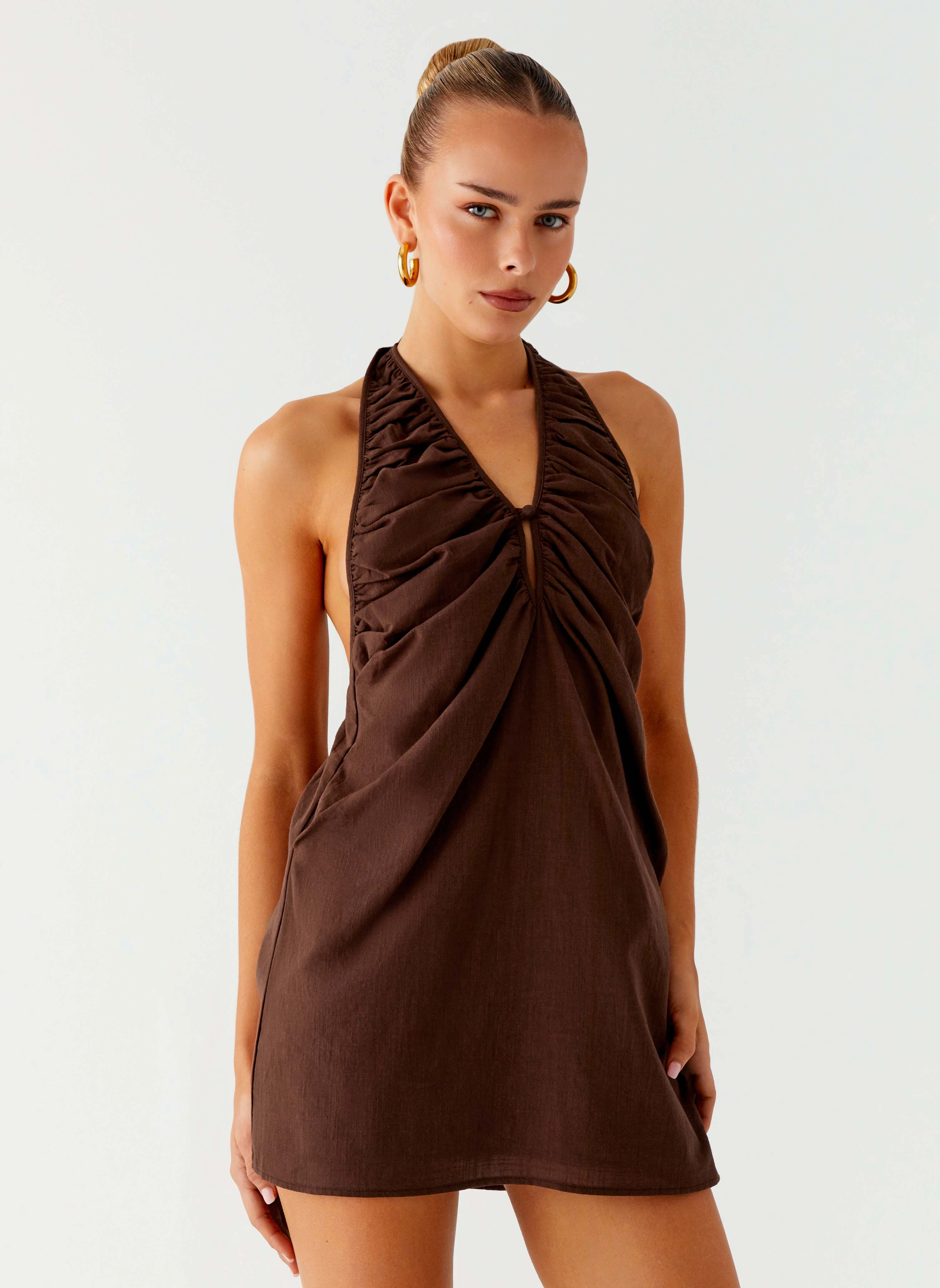 Frayed-Edge Flexible Fit Jepsen Halter Mini Dress - Chocolate