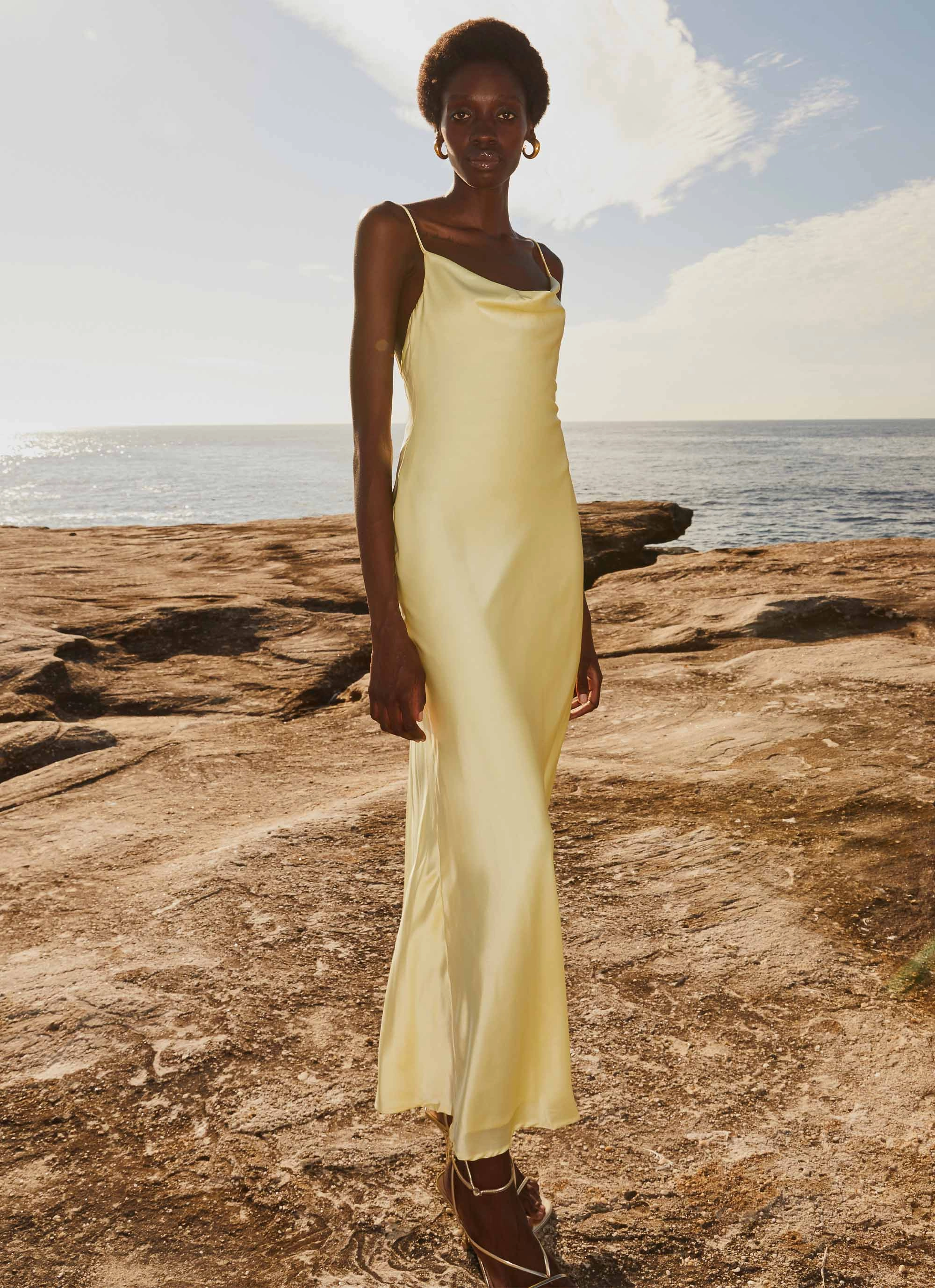 Flattering Fit for All Joanna Satin Maxi Dress - Lemon