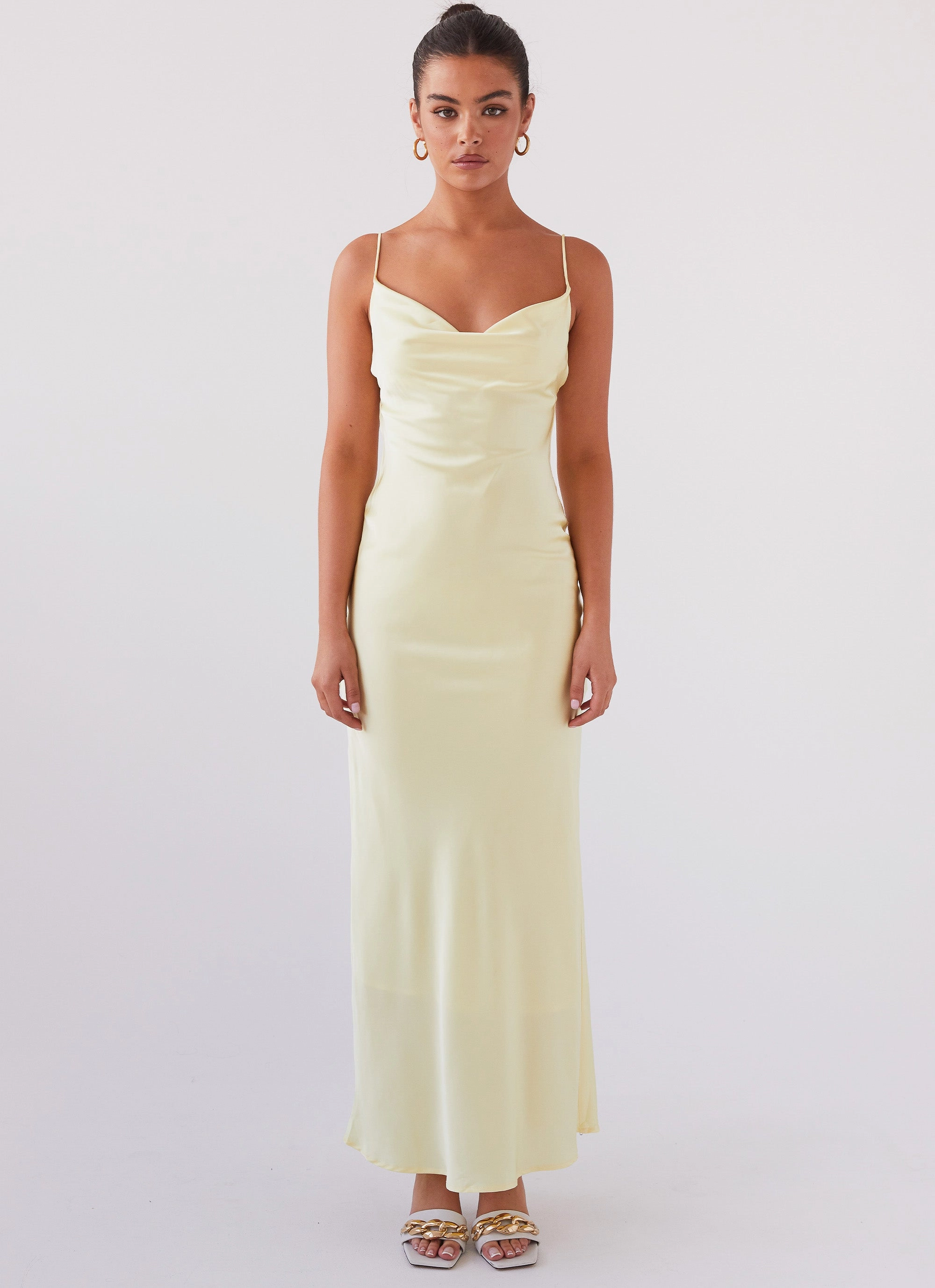Joanna Satin Maxi Dress - Lemon London Cool PlushLining