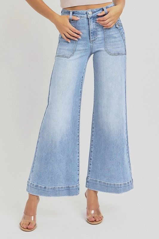 JODIE HIGH RISE ANKLE WIDE LEG PATCH FRONT POCKET JEANS FlatlockSeamTechnique Layered Collar Structure