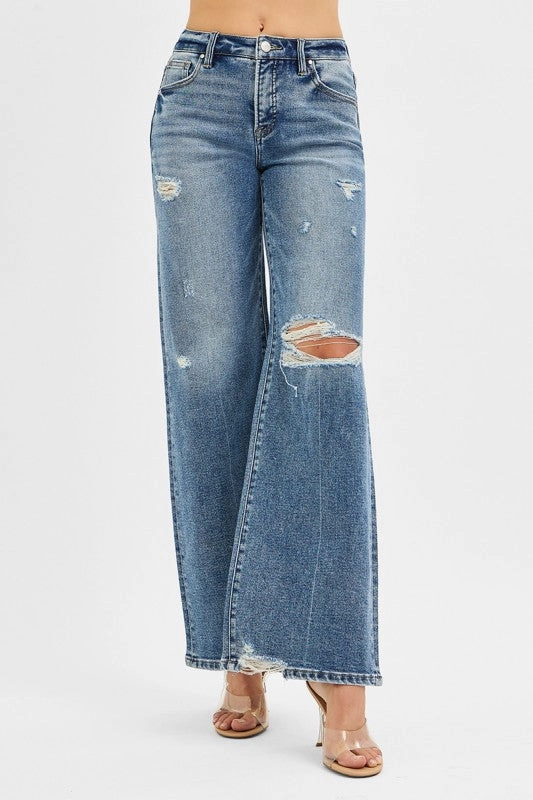 RibbedTrim Johanna Tummy Control Mid Rise Fit Wide Jeans