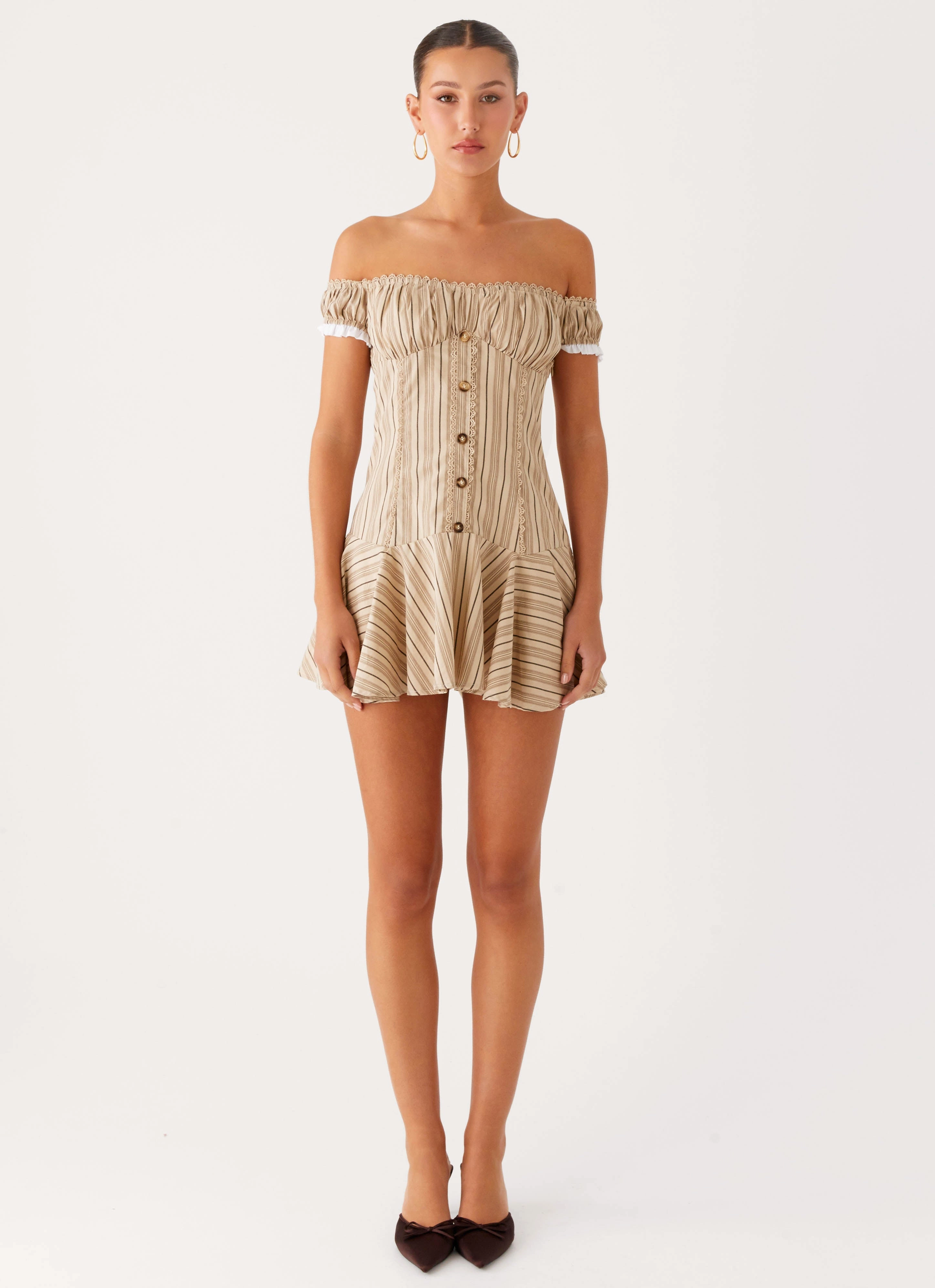 Jumana Off Shoulder Mini Dress - Off White Stripe Relaxed day dress Urban Mood