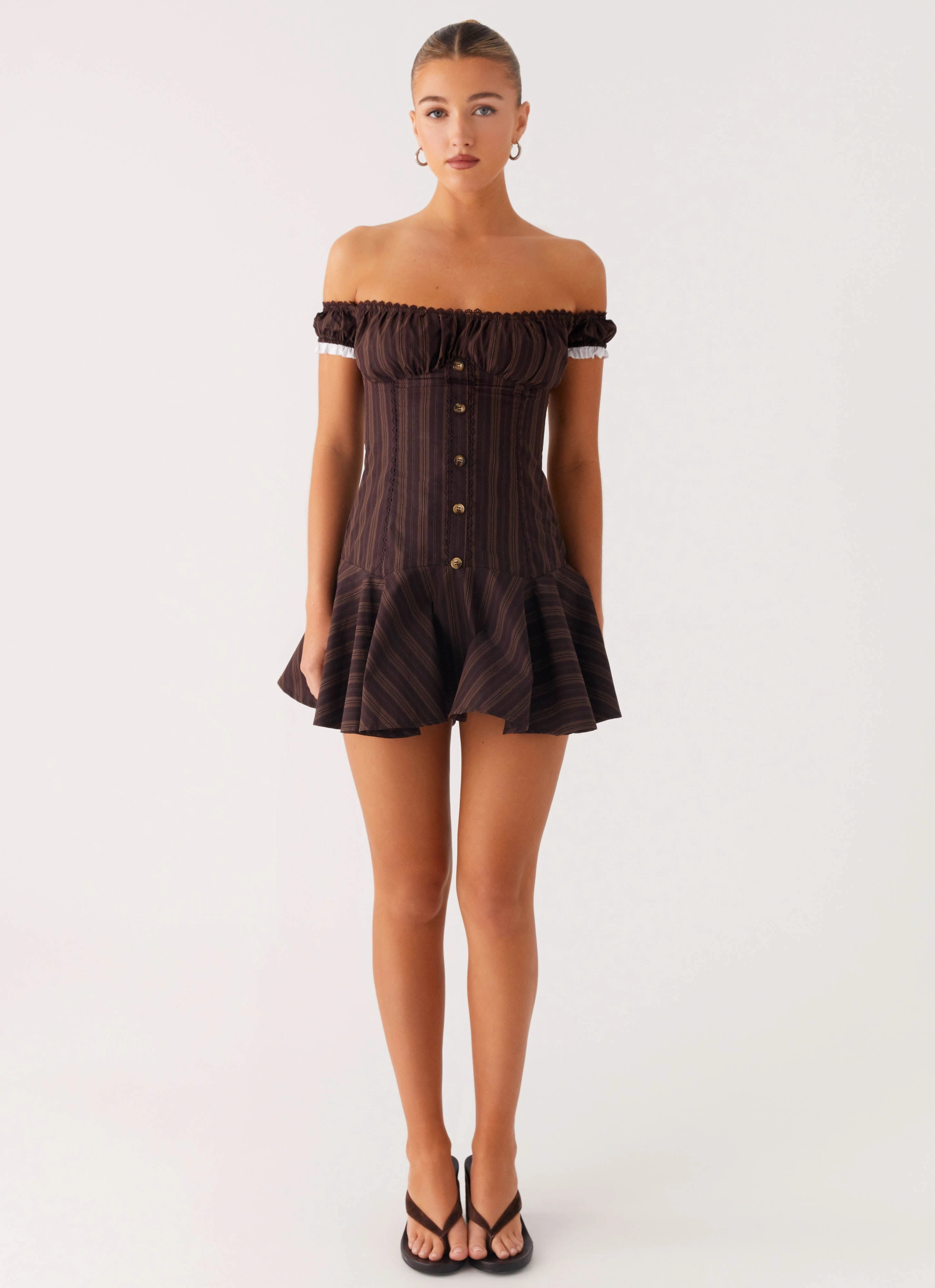 Jumana Off Shoulder Mini Dress - Toffee Stripe Happy Scent