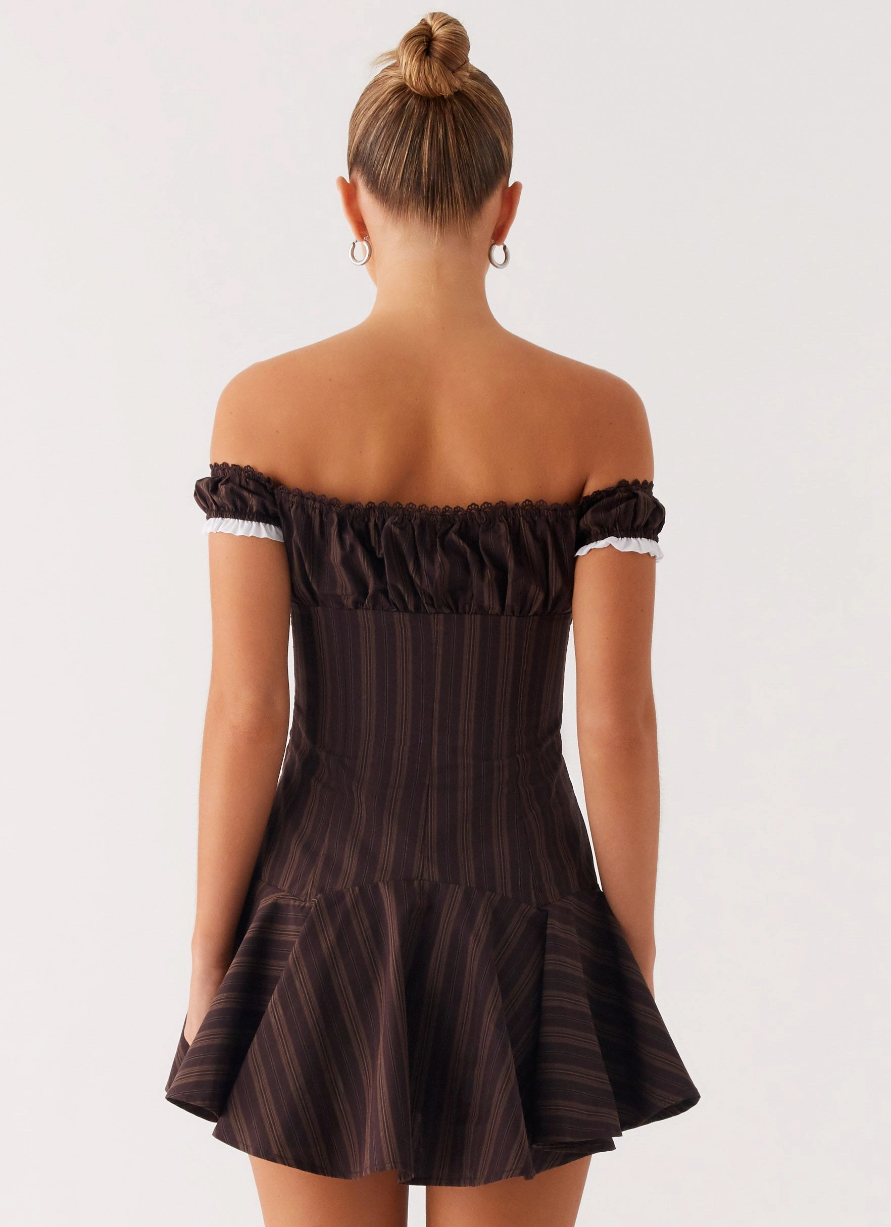 Earth-Tone vacation look Jumana Off Shoulder Mini Dress - Toffee Stripe