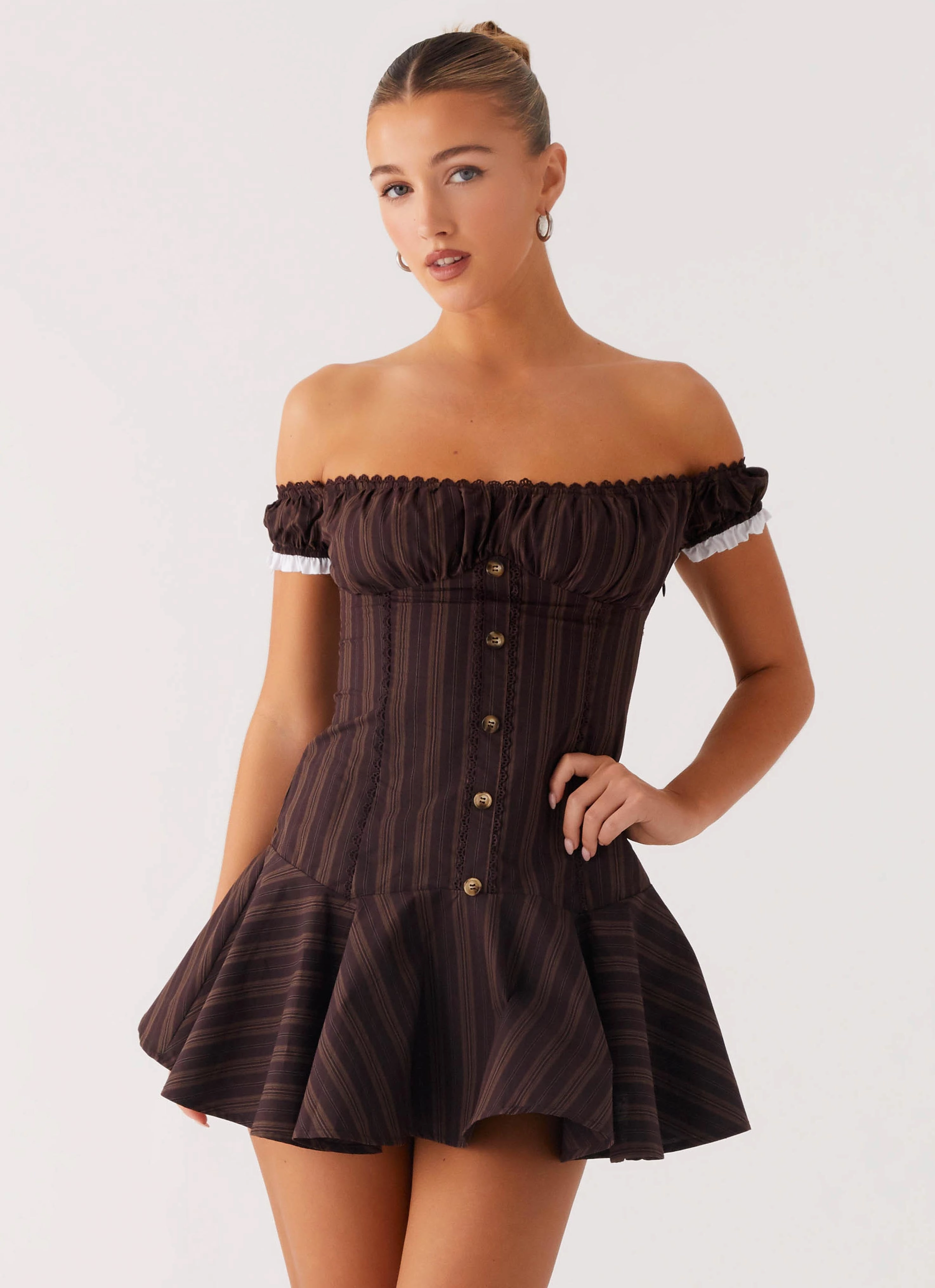 Jumana Off Shoulder Mini Dress - Toffee Stripe Sleek Touch Flattering Look