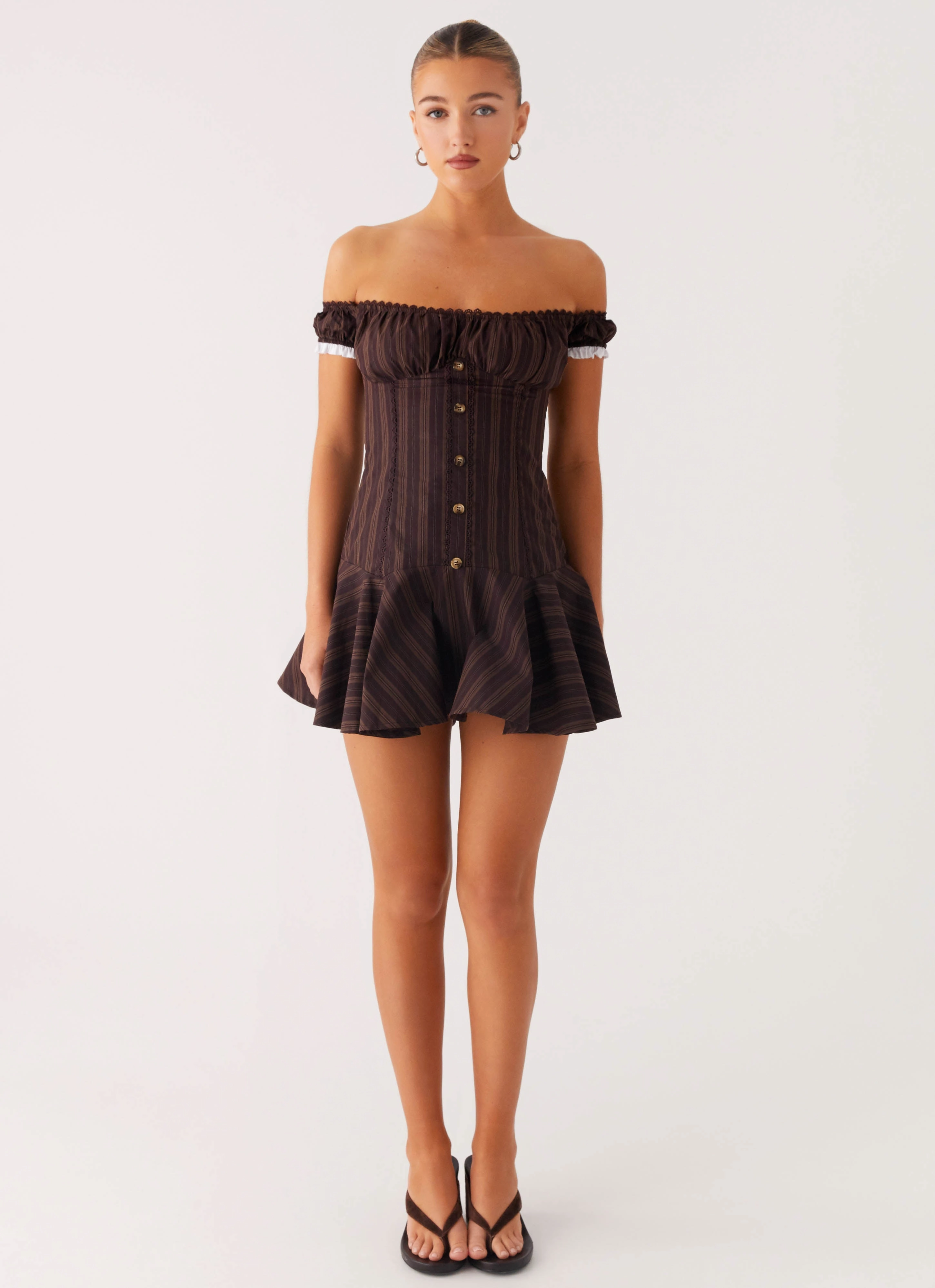 Jumana Off Shoulder Mini Dress - Toffee Stripe Inner Feel Minimal Tone