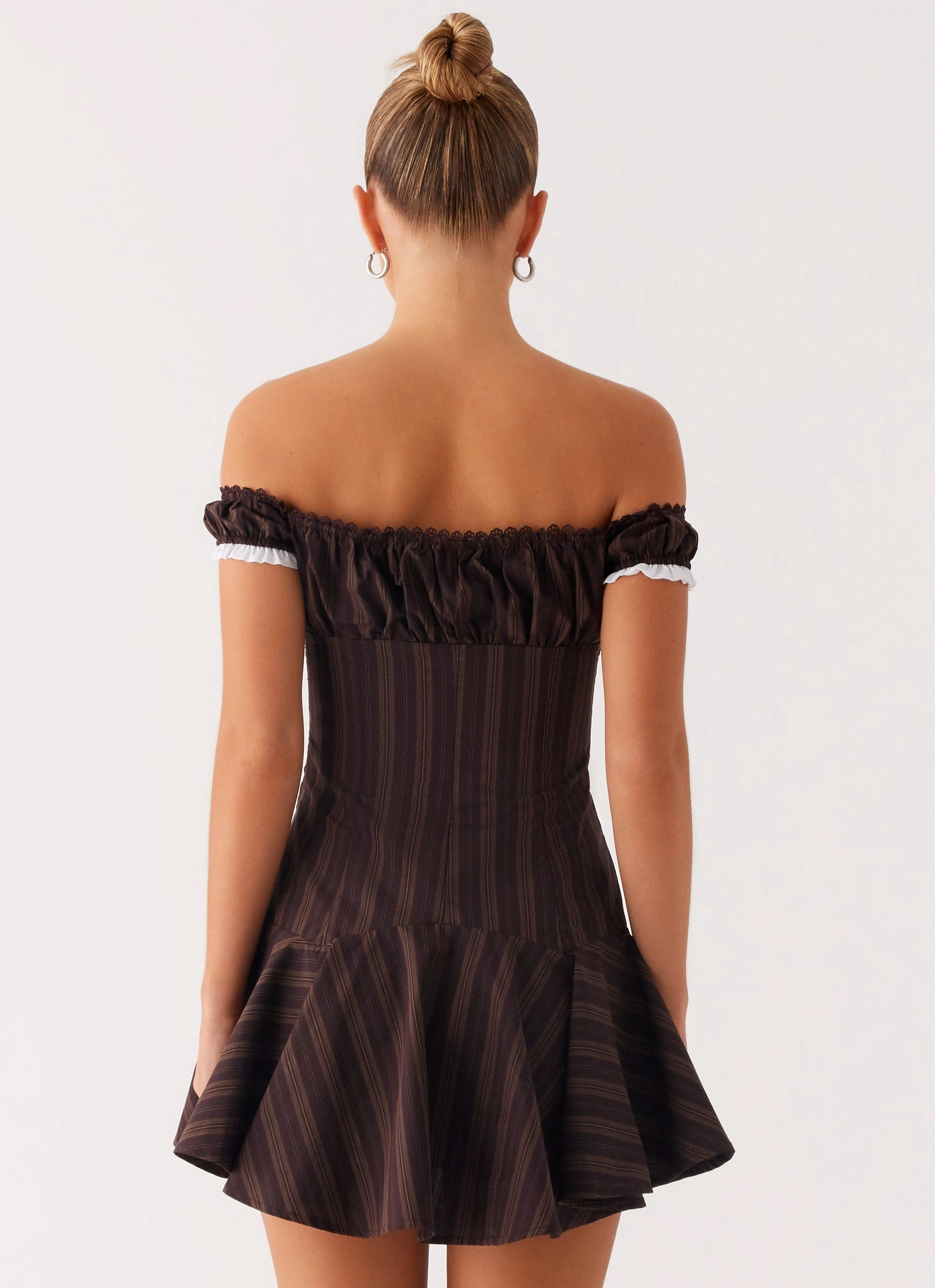 Jumana Off Shoulder Mini Dress - Toffee Stripe Gentle Drape Luxe style